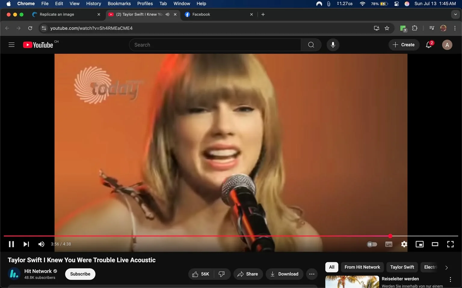 In the image, a young woman with long, straight blonde hair is performing on stage, singing into a microphone. She has bangs that frame her face, and her expression is animated and engaging, conveying a sense of joy and enthusiasm. Her lips are slightly parted in a smile, and her eyes are wide, suggesting she is fully immersed in the performance. 

The background is a warm orange hue, creating a vibrant atmosphere that complements her energetic demeanor. The lighting casts a soft glow on her face, highlighting her features and adding to the overall warmth of the scene. She is wearing a light-colored, sleeveless top, which adds to the casual yet polished look suitable for a live acoustic performance.

The microphone she is holding has a black handle with a silver mesh head, and it is positioned close to her mouth, indicating she is in the midst of singing. The stage appears to be set for a live audience, although no audience members are visible in this frame. 

In the upper left corner, there is a logo that reads "today," possibly indicating the event's affiliation with a specific show or network. Below the video, there are various buttons for interaction, including options to like, share, and subscribe, suggesting this is a digital platform for sharing performances.

The overall tone of the image is upbeat and lively, reflecting the energy of a live music performance. The woman's body language is open and inviting, suggesting she is connecting with her audience, even if they are not visible in this shot. The composition focuses on her, making her the clear focal point, while the warm colors and soft lighting enhance the emotional impact of the moment. 

This image captures a moment of artistic expression, showcasing the joy of live music and the connection between the performer and her audience. The lack of visible audience members may evoke a sense of intimacy, as if the viewer is sharing a private moment with the artist.