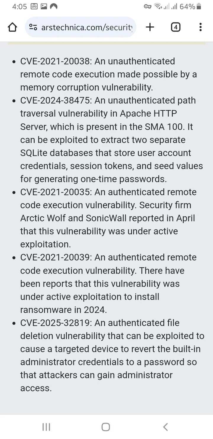 The image displays a screenshot of a webpage from Ars Technica, specifically focusing on security vulnerabilities. The text is presented in a bullet-point format, detailing various Common Vulnerabilities and Exposures (CVEs). 

1. **CVE-2021-20038**: Describes an unauthenticated remote code execution vulnerability linked to memory corruption.
2. **CVE-2024-38475**: Highlights a path traversal vulnerability in Apache HTTP Server, affecting the SMA 100, which can expose sensitive SQLite databases.
3. **CVE-2021-20035**: Notes an authenticated remote code execution vulnerability, reported to be actively exploited.
4. **CVE-2021-20039**: Discusses another authenticated remote code execution vulnerability, with reports of its exploitation for ransomware in 2024.
5. **CVE-2025-32819**: Details an authenticated file deletion vulnerability that can allow attackers to gain administrator access.

The tone is technical and informative, aimed at cybersecurity professionals. There are no identifiable individuals, emotions, or gestures in the text. The content is sensitive, focusing on security risks that could have significant implications for users and organizations.