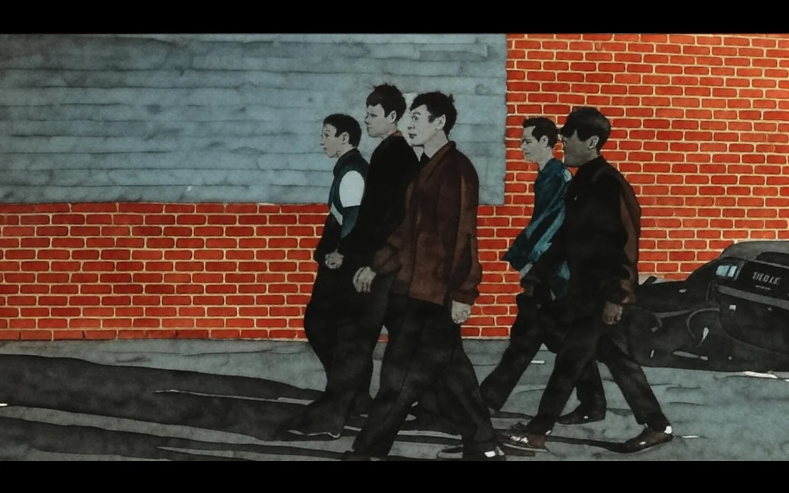 In this image, a group of five men walks in a line along a dimly lit street, creating a sense of movement and purpose. The background features a brick wall painted in a muted red hue, with a section of wood paneling above it, suggesting a possibly abandoned or underdeveloped area. The lighting is low, casting long shadows that stretch behind the men, enhancing the atmosphere of the scene.

The men are dressed in a mix of casual attire. The first man on the left wears a black and white striped shirt beneath a dark vest, his expression is neutral, and he appears focused. Next to him, a man in a solid black shirt follows closely, his posture is upright, suggesting confidence. The third man, wearing a red sweater, has a relaxed demeanor, with his hands partially visible, indicating a casual attitude. The fourth man is dressed in a blue plaid shirt, and he seems to be slightly more engaged with the group, possibly sharing a thought. The last man, in a dark shirt, has a serious expression, contributing to the overall tone of determination among the group.

Their body language suggests camaraderie, but there’s also an underlying tension, possibly hinting at a mission or purpose behind their walk. The arrangement of the men in a straight line emphasizes unity, while the shadows they cast might symbolize the weight of their intentions or the environment they are navigating.

In the foreground, a dark vehicle is parked, its glossy surface reflecting some of the ambient light, adding to the urban feel of the scene. The ground appears rough, with visible cracks and debris, indicating neglect in the area. 

The overall mood is somewhat somber, with an air of anticipation or urgency. The combination of the dim lighting, the men's expressions, and their purposeful stride creates a narrative that could suggest themes of brotherhood, conflict, or a journey into the unknown. The image captures a moment that feels charged with potential, leaving the viewer to ponder the story behind this group and their destination.