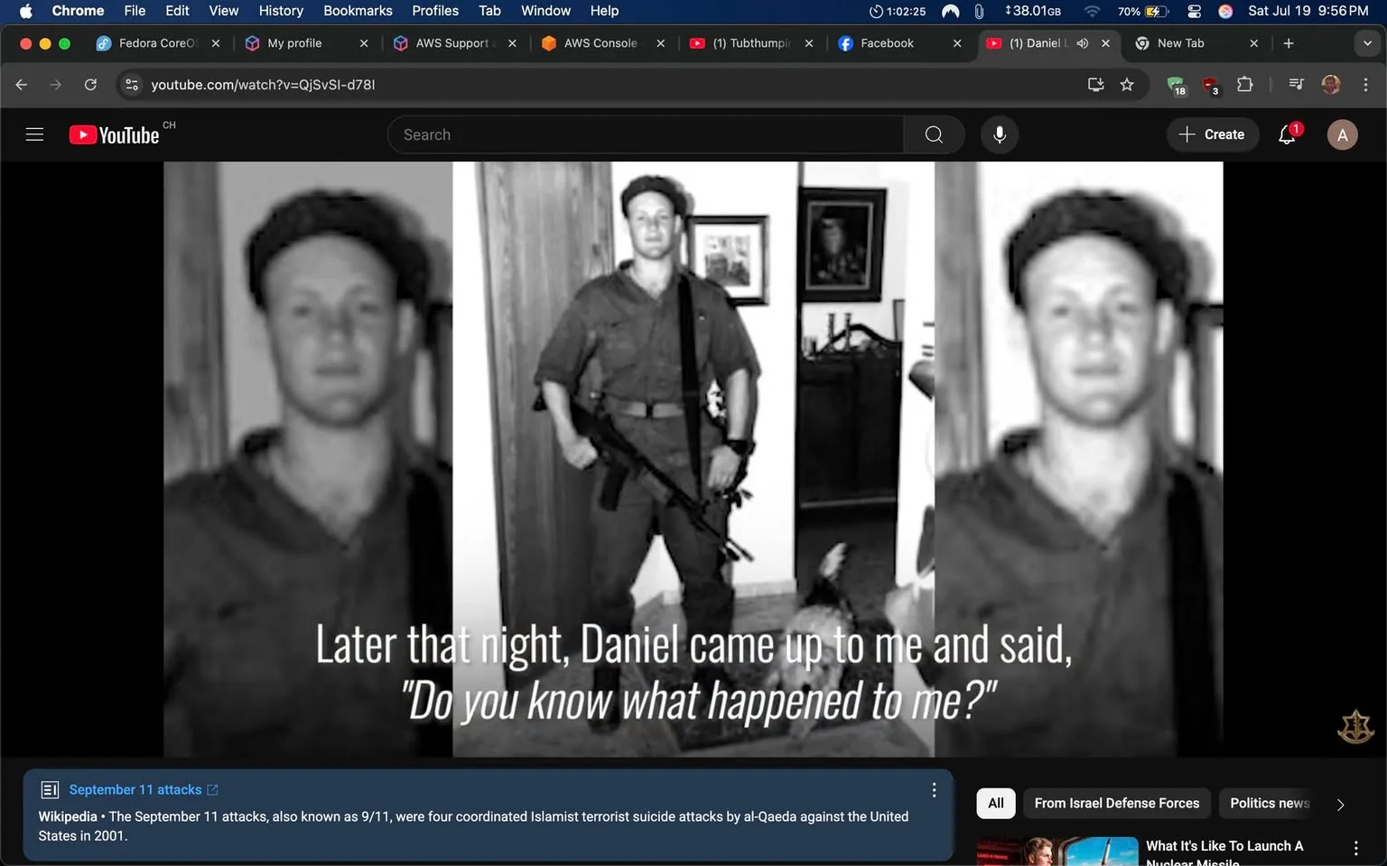 The image features three black-and-white photographs of a young man, presumably named Daniel, who appears to be in a military setting. In the center, he stands confidently with an assault rifle slung across his body, wearing a military-style shirt and cap. His expression is serious, suggesting a sense of duty or readiness. The background includes a wooden door and a wall adorned with framed pictures, hinting at a domestic environment.

Text overlaying the image reads, "Later that night, Daniel came up to me and said, 'Do you know what happened to me?'" This adds a layer of emotional weight, implying a significant or traumatic experience. The tone is somber, suggesting themes of conflict or personal struggle.

There are no recognizable public figures in the image. The context raises potential sensitivities related to military service, trauma, and the implications of violence. The composition conveys a sense of urgency and introspection, inviting viewers to reflect on the experiences of those in military roles.