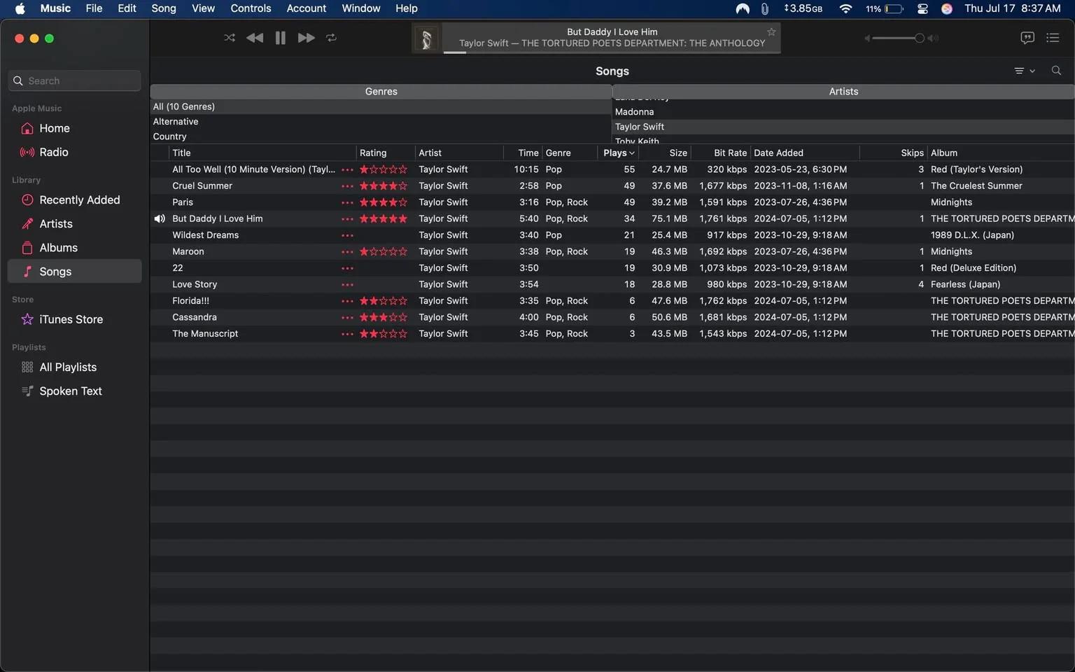 The image displays a screenshot of the Apple Music application on a computer. It features a list of songs primarily by Taylor Swift, organized in a table format. Each row includes details such as the song title, artist, genre, play count, file size, bit rate, date added, skips, and album name. 

The visible song titles include "All Too Well (10 Minute Version)," "Cruel Summer," "Paris," and "But Daddy I Love Him," among others. The artist for all songs listed is Taylor Swift. The table also shows ratings, with some songs marked with five stars. 

The interface is dark-themed, with a sidebar on the left for navigation, including sections like "Home," "Library," and "Store." The top bar displays the current song playing, which is "But Daddy I Love Him." 

There are no visible risks or sensitive content in the image. The overall mood is neutral, focused on music organization and playback.