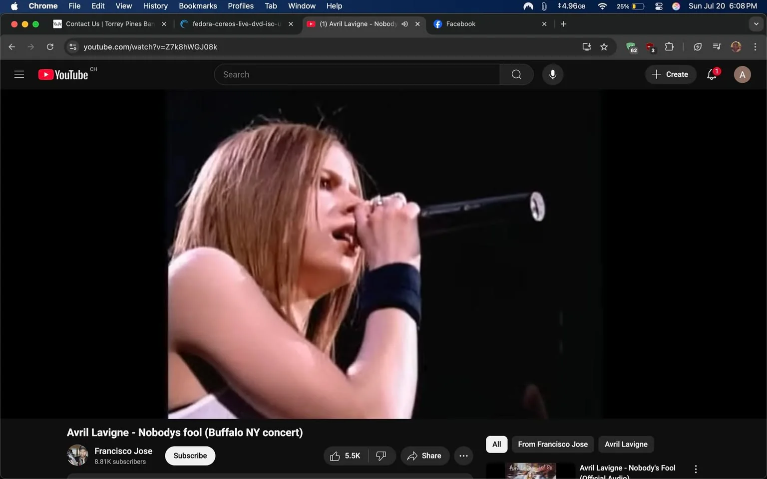 The image captures a close-up of a young woman performing on stage, likely during a concert. She has long, straight hair that frames her face, which is slightly turned as she sings into a microphone. Her expression conveys intensity and focus, suggesting she is deeply engaged in her performance. The microphone is held close to her mouth, indicating a passionate delivery. 

She wears a black sleeveless top, and a black wristband adorns her left arm, adding to her rock-inspired aesthetic. The background is dark, emphasizing her presence on stage and creating a dramatic atmosphere. 

The video title in the lower section reads "Avril Lavigne - Nobody's Fool (Buffalo NY concert)," indicating that the performer is Avril Lavigne, a well-known pop-punk artist. The channel name "Francisco Jose" appears beneath the video, along with subscriber count and interaction buttons, suggesting this is a fan-uploaded concert clip. The overall mood is energetic and vibrant, typical of live music performances.