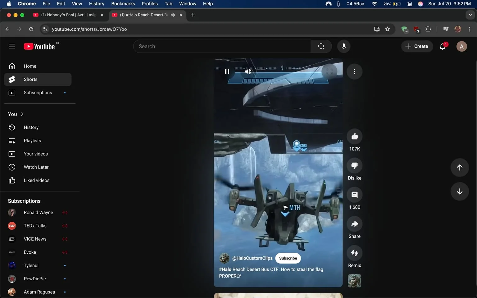 The image captures a screenshot of a YouTube Shorts video, set against a dark-themed interface typical of the platform. The video features a scene from the game "Halo: Reach," specifically highlighting a moment in a Capture the Flag (CTF) game mode. 

In the foreground, a futuristic aircraft is prominently displayed, showcasing a sleek, military design with multiple rotor blades, suggesting it is capable of vertical takeoff and landing. The aircraft is predominantly dark in color, with hints of red accents, giving it a menacing and powerful appearance. The backdrop features a vibrant sky, with clouds and a distant landscape, adding depth to the scene. The game's graphics are sharp and detailed, typical of the Halo franchise, which is known for its immersive environments and engaging gameplay.

Above the aircraft, there are on-screen indicators showing player information, including a blue emblem with the letters "MTH," likely representing the player's name or tag. This adds a personal touch to the gameplay, as viewers can identify the player involved in the action. The interface also includes a health bar and directional indicators, enhancing the viewer's understanding of the game's mechanics.

At the bottom of the screen, a caption reads, “#Halo Reach Desert Bus CTF: How to steal the flag PROPERLY,” suggesting that the video is instructional in nature, aimed at helping players improve their skills in this specific game mode. The use of the word "PROPERLY" adds a humorous tone, implying that there may be common mistakes players make when attempting to capture the flag.

On the right side of the screen, various engagement metrics are displayed, including the number of likes (107K), dislikes, and comments (1,680). This indicates that the video has garnered significant attention, reflecting its popularity among viewers. The presence of the "Subscribe" button for the channel "@HaloCustomClips" suggests that the content is part of a larger series or collection focused on Halo gameplay, likely appealing to fans of the franchise.

The overall aesthetic of the image is modern and engaging, with a focus on the dynamic action of the game. The dark background contrasts with the bright visuals of the game, drawing the viewer's eye to the aircraft and the gameplay elements. The combination of humor and instructional content in the caption adds an entertaining layer, making it appealing not just to players looking for tips, but also to those who enjoy the Halo universe.

In summary, this screenshot encapsulates a moment of excitement and strategy within the Halo: Reach game, showcasing the blend of action, humor, and community engagement that defines the gaming experience on platforms like YouTube.