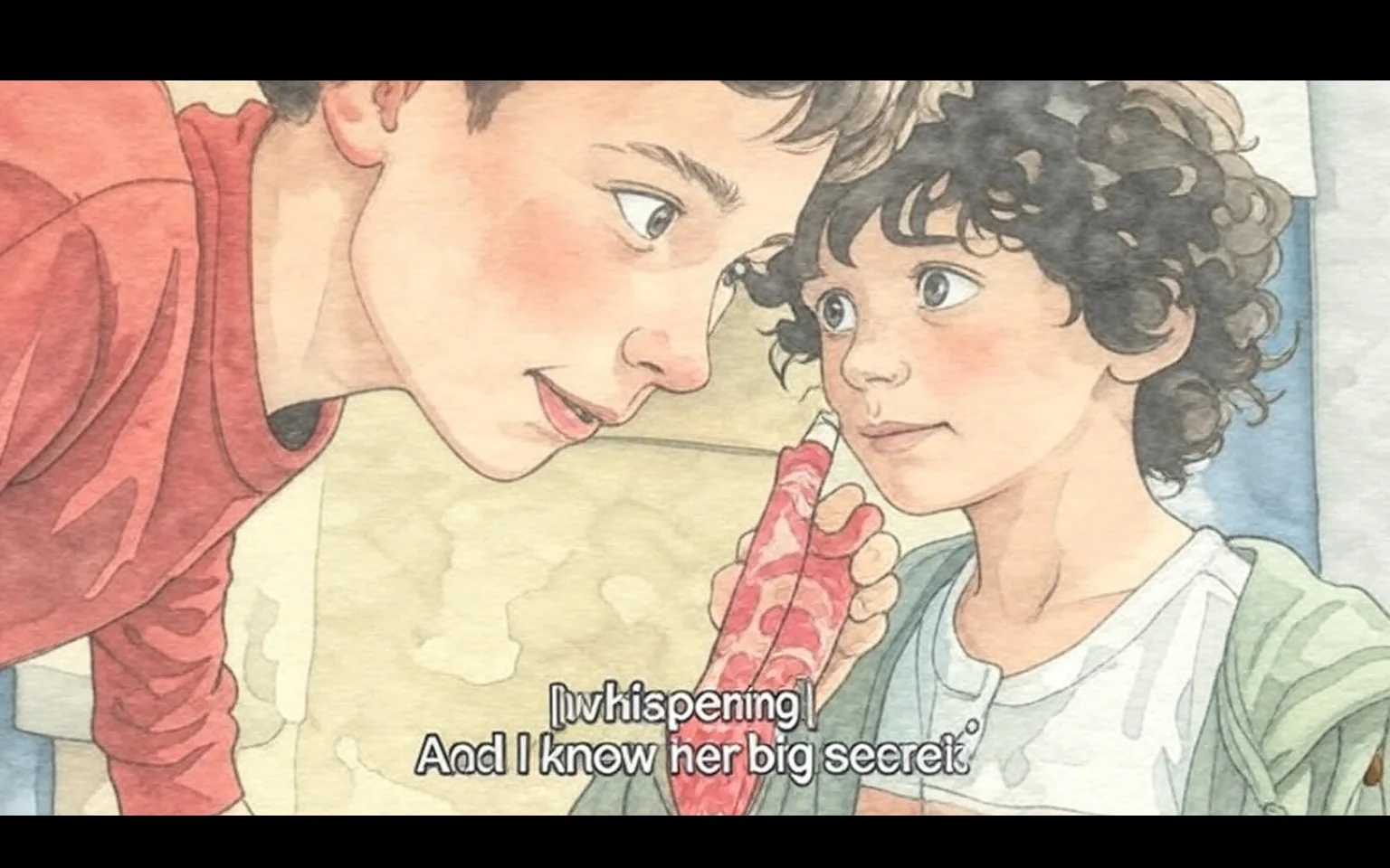 In this image, two young boys are engaged in a secretive conversation, their expressions conveying a mix of excitement and mischief. The boy on the left, wearing a bright red shirt, leans in closely to the other, his face intent and focused. He has a wireless earbud in his ear, which glows with a small red light, suggesting he might be listening to something or someone. His posture indicates curiosity and eagerness, as if he is deeply invested in the conversation.

The boy on the right, who has curly hair and is dressed in a light gray shirt with a green hoodie, appears animated and slightly conspiratorial. He is holding a brightly wrapped candy, which adds a playful element to the scene. His hand is raised to his mouth, as if he is whispering a secret, and his expression is one of excitement and urgency. The way he leans in suggests that he is about to reveal something important or intriguing.

The background is softly blurred, but hints of a home environment can be seen, with warm lighting that creates an intimate atmosphere. The colors in the image are warm and inviting, contributing to the sense of camaraderie between the boys. The overall tone feels lighthearted and playful, capturing a moment of childhood curiosity and the thrill of sharing secrets.

The dialogue overlay, "[whispering] And I know her big secret," adds context and heightens the intrigue of the scene. It suggests that the boys are discussing something significant, possibly about a mutual acquaintance or a shared experience, which adds to the suspense of the moment. This element of secrecy is a common theme in childhood interactions, evoking nostalgia for moments of shared confidences and the thrill of being in on a secret.

Overall, the image encapsulates a fleeting moment of childhood friendship, curiosity, and the excitement of sharing secrets, all set against a cozy backdrop that enhances the warmth of their interaction.