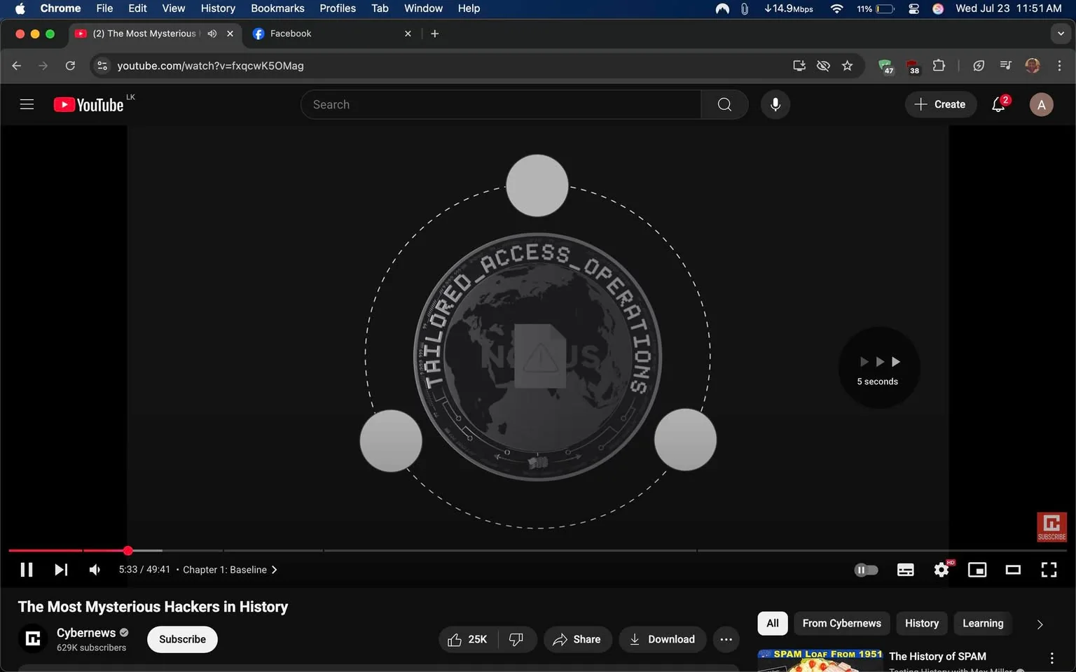 The image captures a screenshot from a YouTube video titled "The Most Mysterious Hackers in History," produced by a channel named Cybernews, which boasts a subscriber count of 629,000. The video is currently playing, with a timestamp indicating it is 5 minutes and 33 seconds into a 49-minute and 41-second runtime.

At the center of the screen, there's a circular emblem featuring the words "TAILORED ACCESS OPERATIONS." This logo is surrounded by a stylized globe, suggesting a theme of global cybersecurity or intelligence operations. The emblem has a somewhat ominous feel, evoking a sense of secrecy and intrigue, which aligns well with the video's subject matter about hackers.

The background is predominantly black, creating a stark contrast with the emblem and the surrounding elements. There are three empty circular placeholders around the central logo, which may be intended for visual effects or additional graphics that could appear as the video progresses. The simplicity of the design emphasizes the seriousness of the topic being discussed.

In the lower part of the screen, there are standard YouTube controls, including play/pause, volume, and a progress bar, indicating that the viewer is actively engaged with the content. The play button is highlighted, suggesting that the video is currently playing. Below the video, there are options to share or download, as well as a display of the number of likes (25K) and a comment section, which indicates viewer interaction and engagement.

The overall tone of the image is dark and mysterious, fitting for a video that delves into the world of hackers—individuals often shrouded in secrecy and intrigue. The branding of Cybernews suggests a focus on technology and cybersecurity, appealing to an audience interested in these topics.

The visual elements work together to create an atmosphere of suspense and curiosity, inviting viewers to explore the stories of enigmatic hackers and the impact they have had on the digital landscape. The use of a minimalist design allows the viewer to focus on the content without distractions, enhancing the overall viewing experience.