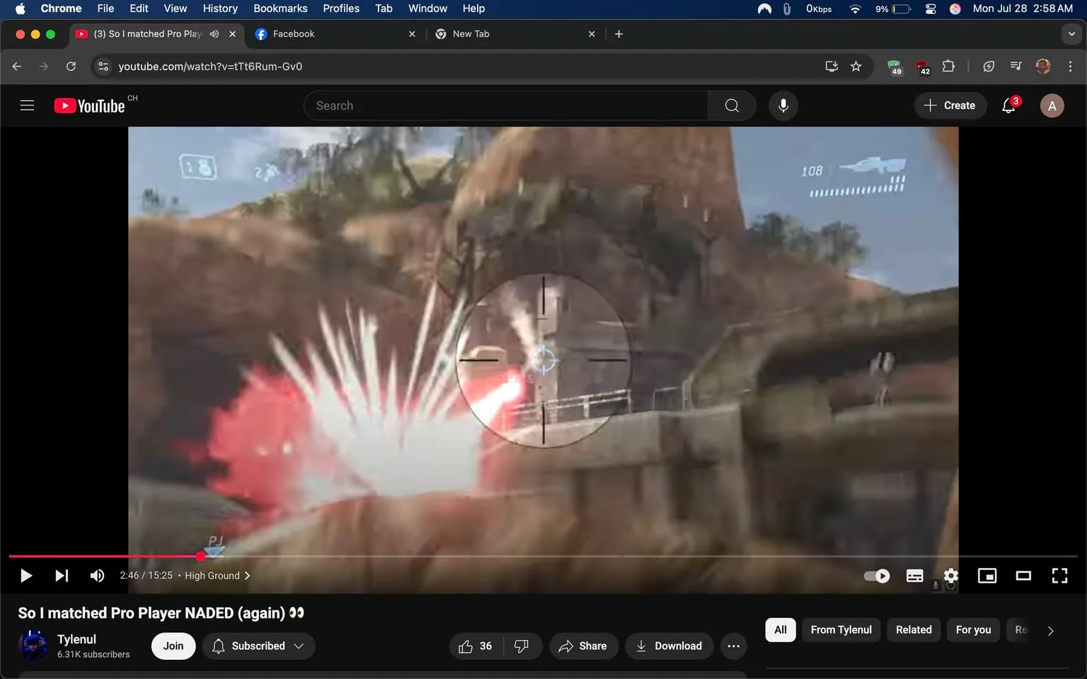 The image captures a moment from a YouTube video titled "So I matched Pro Player NADED (again) 👀," featuring gameplay from a first-person shooter, likely from the Halo franchise given the visual elements. The scene is dynamic and action-packed, showcasing a player aiming through a targeting reticle, which is prominently displayed in the center of the screen.

In the background, we see a rocky terrain, indicative of a game map that features natural landscapes interspersed with man-made structures. The player appears to be in the midst of a combat situation, as indicated by the explosion occurring just off to the side of the reticle. This explosion is characterized by bright red and white bursts, suggesting a grenade or explosive weapon has just been deployed. The visual effects of the explosion add a sense of urgency and excitement to the scene, enhancing the viewer's engagement.

Above the reticle, there are HUD (Heads-Up Display) elements showing the player's health and possibly ammunition or weapon status, which is typical in shooter games. The numbers and icons are sleek and modern, contributing to the overall high-tech aesthetic of the game. The player's health is indicated as "108," suggesting they are still in a relatively strong position in terms of survivability.

The video is being played on YouTube, as indicated by the interface at the bottom, which includes options to like, share, and download the video. The channel name "Tylenul" is visible, along with the subscriber count of 6.31K, indicating a modest but engaged audience. The use of emojis in the title adds a playful tone, suggesting that the content may be entertaining and light-hearted, despite the competitive nature of the gameplay.

The overall mood of the image is energetic and thrilling, capturing the essence of competitive gaming. The bright colors of the explosion contrast with the more muted tones of the rocky landscape, drawing the viewer's eye to the action. The framing of the shot, with the reticle centered, creates an immersive experience, making the viewer feel as though they are part of the action.

In summary, this image effectively conveys the excitement and intensity of a first-person shooter game, highlighting both the gameplay mechanics and the engaging content style typical of gaming videos on platforms like YouTube. The combination of visual effects, HUD elements, and the playful title sets the stage for an entertaining viewing experience.