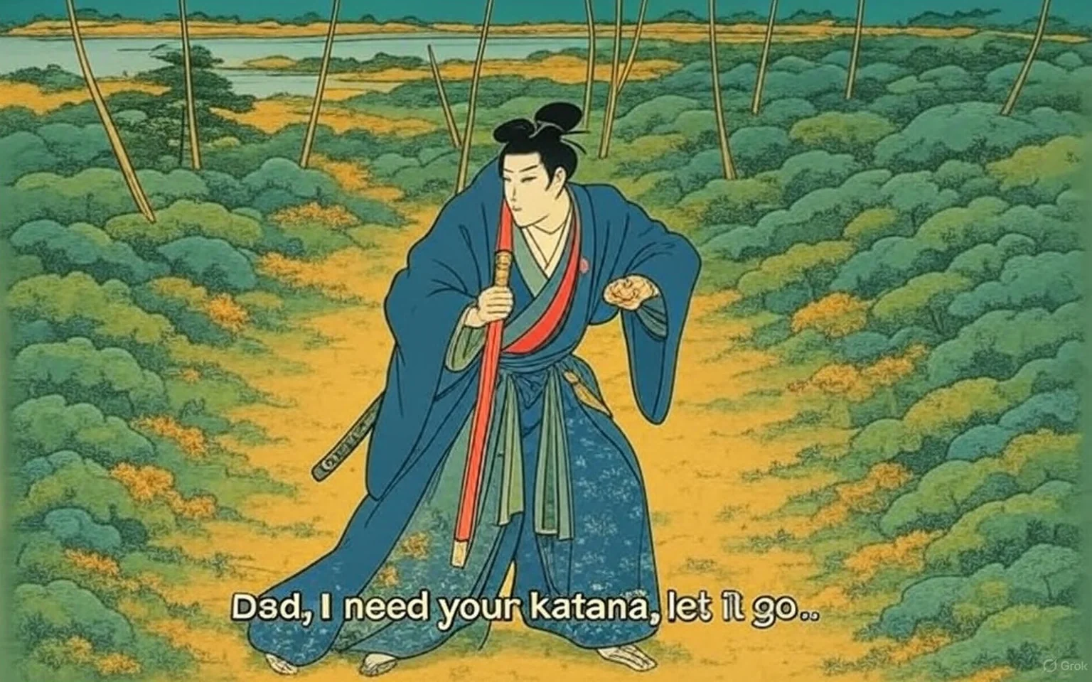 In this evocative scene, we see a figure clad in a flowing, dark robe, kneeling on a lush, green patch of grass. The atmosphere is thick with a mystical, almost ethereal quality, enhanced by a greenish hue that envelops the surroundings. This color palette creates a dreamlike ambiance, suggesting a moment of deep significance or emotional weight.

The figure, who appears to be a young man, is holding a sword with both hands, gripping it tightly as he bows his head. The sword is ornate, gleaming in the soft light, and its design suggests it holds great importance—perhaps a symbol of power, heritage, or destiny. The young man's posture conveys a mix of reverence and desperation, as if he is pleading for something monumental to occur. The caption beneath the image, "Father, please let loose your sword," adds layers of emotional depth, indicating a plea for permission or guidance from a paternal figure.

The background is sparse, with hints of distant structures or poles that might suggest a battlefield or a ceremonial site. The grass is lush and vibrant, contrasting with the somber mood of the scene. This juxtaposition of life and the weight of the moment creates a tension that draws the viewer in, inviting them to ponder the significance of the sword and the relationship between the young man and his father.

The overall tone of the image is one of solemnity and anticipation. The young man's expression, though not fully visible, suggests a deep emotional struggle, possibly reflecting themes of duty, legacy, or the burden of expectation. The green light casts an otherworldly glow, enhancing the sense that this moment is not just a physical act but a pivotal point in a larger narrative.

This scene could be interpreted as a moment of transition—perhaps a rite of passage or a call to action. The sword, often a symbol of conflict and resolution, hints at the challenges that lie ahead. The young man's plea suggests an inner conflict, torn between his desires and the weight of his lineage.

In summary, this image captures a powerful moment filled with emotional resonance, rich symbolism, and a sense of impending change. The visual elements work together to create a narrative that invites contemplation and engagement, leaving the viewer curious about the story that unfolds beyond this moment.