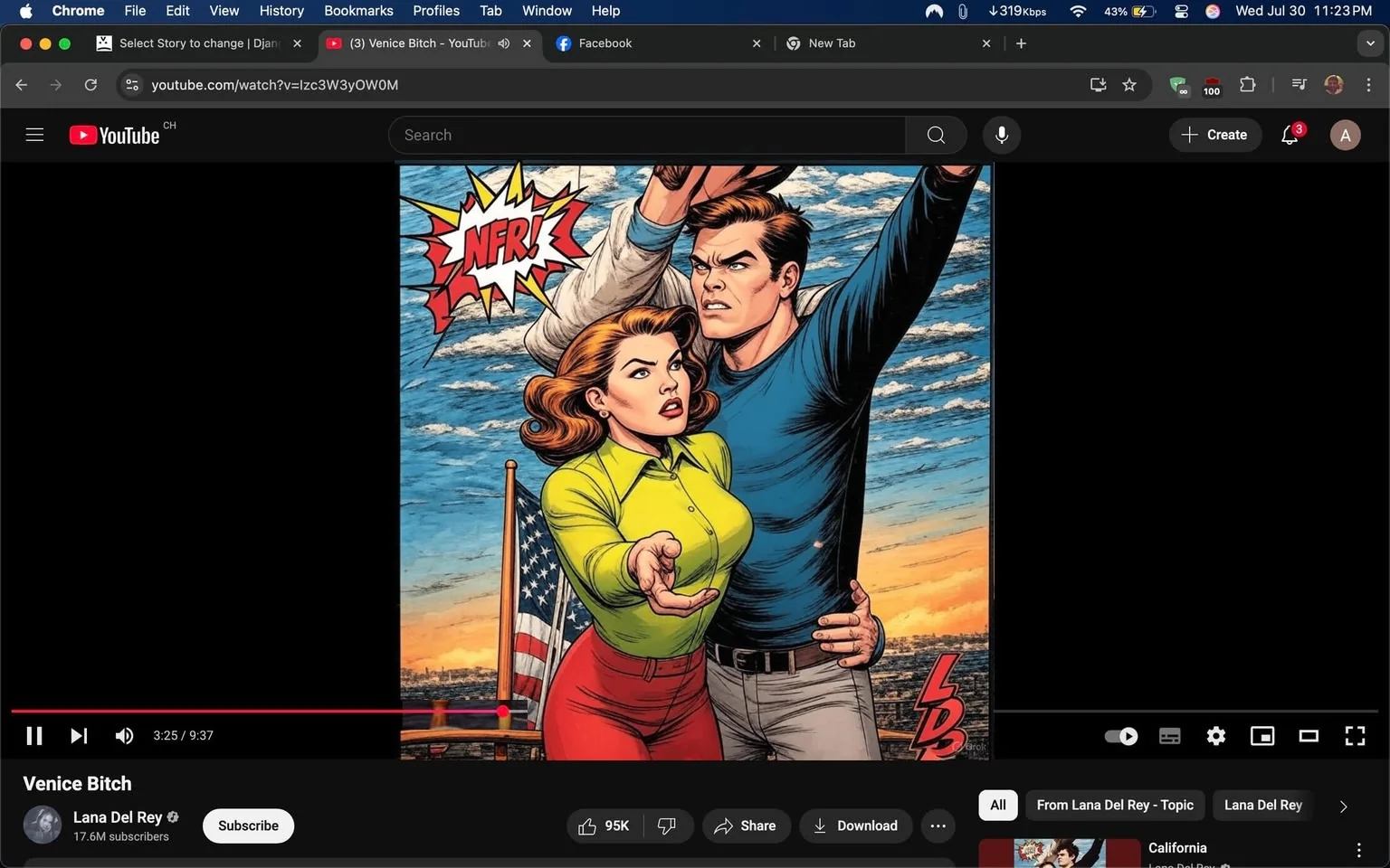 The image features a vibrant and stylized album cover for the song "Venice Bitch" by Lana Del Rey. The artwork is rich in color and composition, capturing a nostalgic and cinematic feel. 

In the foreground, two figures are prominently displayed. A woman, dressed in a bright green, semi-transparent jacket, leans closely to a man, who is wearing a fitted black shirt. The woman has a confident yet dreamy expression, her gaze directed slightly off to the side, suggesting a sense of longing or contemplation. Her hair is styled in soft waves, framing her face and adding to the ethereal quality of the image. The man stands beside her, his posture relaxed yet assertive, with one arm extended outward as if inviting the viewer into their world. He has a serious expression, which contrasts with the woman's more playful demeanor.

Behind them, an American flag can be seen, fluttering gently, which adds a layer of Americana to the scene. The background features a bright blue sky with soft clouds, suggesting a serene coastal setting, likely indicative of Venice Beach, California. The water below reflects the warm hues of the sunset, creating a dreamy atmosphere that complements the overall theme of nostalgia.

In the top left corner, there’s a comic-style speech bubble with the text "NFR!" This likely refers to Lana Del Rey's album "Norman F***ing Rockwell!" which adds a playful and modern twist to the artwork. The use of this pop-art element contrasts with the otherwise romantic and cinematic aesthetic, creating a unique blend of styles.

The bottom right corner features the initials "LDR," which are commonly associated with Lana Del Rey, further solidifying the branding of the artist. The overall color palette is warm and inviting, with shades of blue, green, and hints of orange, evoking feelings of summer and freedom.

The composition of the image suggests a narrative, perhaps of love, adventure, and the complexities of relationships. The juxtaposition of the characters' expressions—her dreamy allure and his serious demeanor—invites viewers to interpret their story, leaving room for imagination and personal connection.

The album cover encapsulates the essence of Lana Del Rey's music, which often explores themes of love, loss, and the American experience, all wrapped in a lush, cinematic style. The artwork is not just a visual representation but an extension of the emotions and stories conveyed in her songs, making it a fitting introduction to "Venice Bitch."