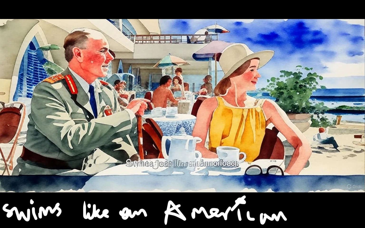 1) The image shows a scene from the movie "Exodus (1960)" with two people conversing at a beachside cafe.

2) Captions / subtitles: "Swims like an American"

3) Scene details:
- Setting / lighting / time: The scene is set outdoors during the daytime at a beachside cafe.
- Objects / brands / text on-screen: There are tables with cups and a teapot, and a pair of glasses on the table.
- People posture / interaction / mood: The man in uniform and the woman in a hat are seated, appearing engaged in conversation.