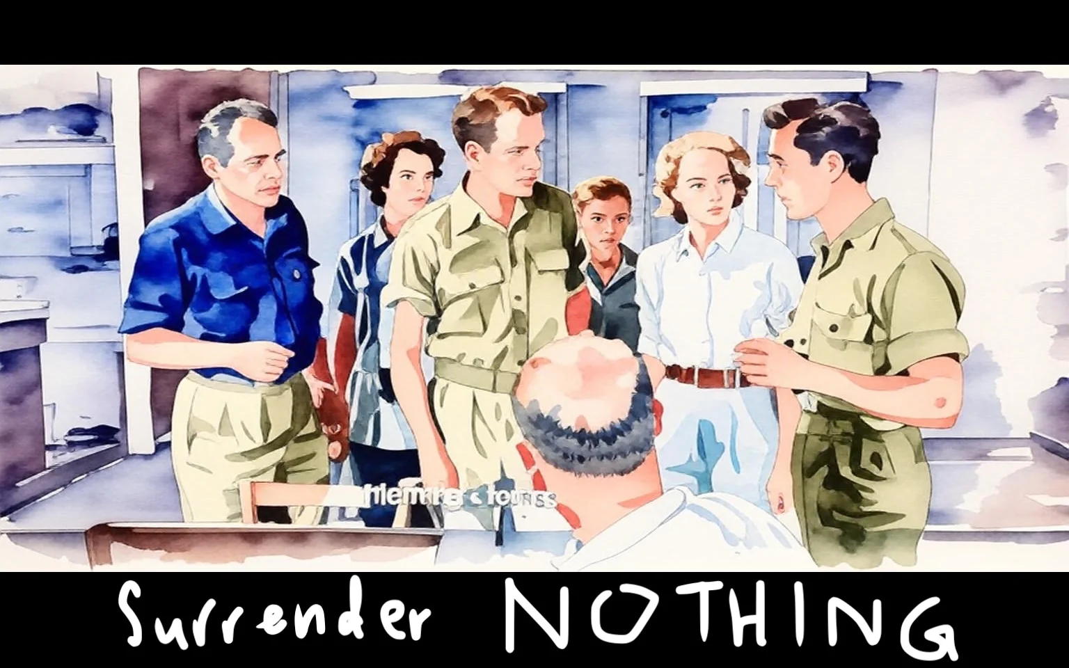 1) The image is an illustration depicting a scene from the movie "Exodus" (1960) featuring a group of people in discussion.

2) 
- Title: "Surrender NOTHING"

3) The illustration shows a group of six people indoors, engaged in a serious conversation. Two men in military-style clothing are prominent, with a woman in a white blouse standing nearby. The setting appears to be a room with minimal furnishings, and the text "Surrender NOTHING" is displayed at the bottom.