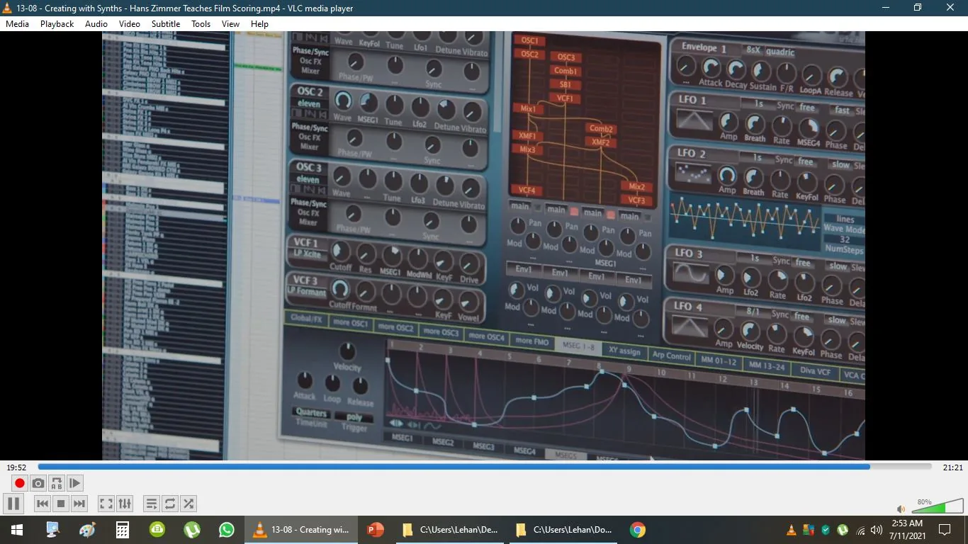 The screenshot is a frame from a video titled "Creating with Synths - Hans Zimmer Teaches Film Scoring," viewed in the VLC media player. The interface shown is of a synthesizer software, displaying various controls and parameters used in sound design and music production. Visible elements include multiple oscillators labeled OSC1, OSC2, OSC3, and controls such as Phase/Sync, VCF1, and VCF3. The interface also features LFO sections, with graphical representations of waveforms and modulation settings.
The background shows a computer screen with a detailed and complex layout, typical of professional music production software. The interface is filled with knobs, dials, and graphical displays, demonstrating the intricate process of synthesizer sound design. The color scheme includes shades of gray and blue, providing a technical and professional atmosphere. The video seems to focus on Hans Zimmer's process of creating music using synthesizers, reflecting his expertise in film scoring.
On-screen text:
- Title: "Creating with Synths - Hans Zimmer Teaches Film Scoring.mp4"
- Site / app: "VLC media player"
- Key OCR Lines: "OSC1", "OSC2", "OSC3", "Phase/Sync", "VCF1", "VCF3", "LFO 1", "LFO 2", "LFO 3", "LFO 4"