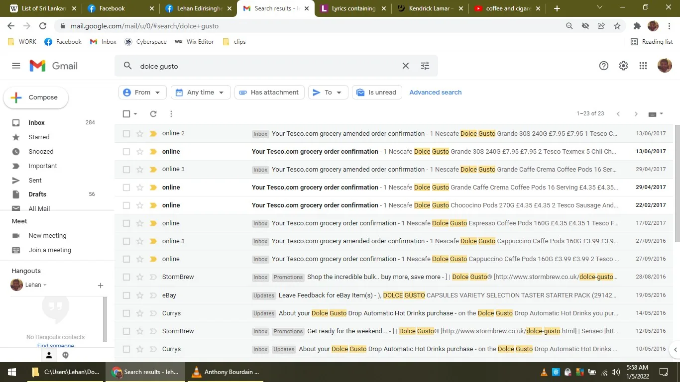 This image is a screenshot of a Gmail inbox belonging to Lehan Edirisinghe. The search term "dolce gusto" is used to filter emails, as indicated by the highlighted text throughout the emails listed. The inbox is organized with labels such as "Inbox," "Starred," "Snoozed," etc., visible on the left side.
Several emails from Tesco.com appear, each confirming grocery orders including Nescafe Dolce Gusto products like Grande, Cappuccino, and Espresso. The emails are dated between 2016 and 2017, showing a history of online purchases. Some emails are from other senders like StormBrew, eBay, and Currys, with varied subject lines regarding promotions and feedback requests.
The Gmail interface shows typical features, such as the compose button, labels, and Hangouts section. The interface is clean, with the primary color scheme being white and grey, accented with colored labels and highlighted search terms. Browser tabs at the top indicate other sites such as Facebook and Wikipedia being open.