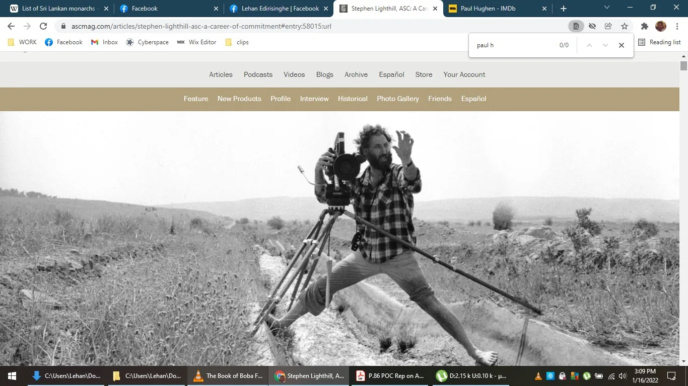 The image is a black-and-white photograph featured on an article titled "Stephen Lighthill, ASC: A Career of Commitment" from the website ascmag.com. In the foreground, a man, suggested by the context to be Stephen Lighthill, is operating an old-fashioned film camera mounted on a tripod. He is positioned dynamically, appearing to be adjusting the camera or framing a shot, with one hand up and the other on the camera. The setting is an expansive outdoor landscape, likely a field or rural area, with low vegetation and distant hills visible in the background. The attire is casual, with the man wearing a checkered shirt and pants, exuding an aura of focused professionalism and creativity. The lighting is natural, as evidenced by the shadows and highlights, conveying a clear, sunny day. The overall composition highlights the solitary and dedicated nature of his work in cinematography, emphasizing the serene yet demanding environment of on-location filming.
- Title: "Stephen Lighthill, ASC: A Career of Commitment"
- Site / app: "ascmag.com"
- Key OCR Lines: "Stephen Lighthill, ASC: A Career of Commitment", "Feature", "New Products", "Profile", "Interview", "Historical", "Photo Gallery", "Friends", "Español", "Articles", "Podcasts", "Videos", "Blogs", "Archive", "Español", "Store", "Your Account"