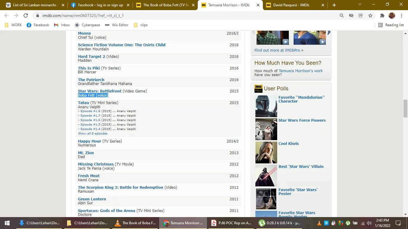 ```
The image is a screenshot from the IMDb page for Temuera Morrison, displaying his filmography from various years. The page lists several works, such as "Moana" where he voiced Chief Tui, and "Star Wars: Battlefront" where he voiced Boba Fett. This section of the page includes his roles in TV series like "Tatau" and "This Is Piki." The background is a typical IMDb interface with a white and blue color scheme. Text is neatly organized in rows with the year of release on the right side. To the right of the filmography, there are links to user polls like "Favorite 'Mandalorian' Character" and "Star Wars Force Powers," featuring images of characters in Star Wars-themed polls.