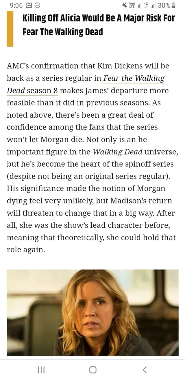 ```
The image is a screenshot of an article discussing potential plot developments in the series "Fear the Walking Dead." The title of the article, "Killing Off Alicia Would Be A Major Risk For Fear The Walking Dead," suggests a focus on the character Alicia and the implications of her potential departure from the show. The text highlights AMC’s confirmation that Kim Dickens will return as a series regular in the eighth season, which influences the likelihood of another character, James, leaving.
The article explains that Madison’s return might impact Morgan’s role, as he is a significant figure in the "Walking Dead" universe and the heart of the spinoff series. The piece speculates that Madison could reclaim her position as the show's lead character. Below the article, there is an image of a woman with long blonde hair, likely representing Kim Dickens or her character Madison. She appears serious, set against a blurred background, possibly in an indoor setting. Her expression suggests determination or concern, fitting the dramatic context of the article.