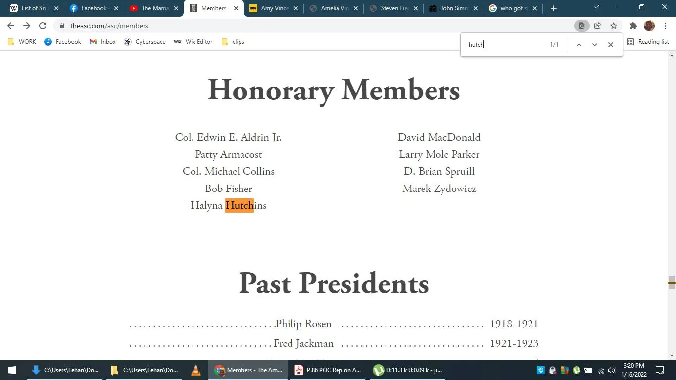 The image is a screenshot of a webpage from the site "theasc.com," showcasing a list of "Honorary Members" and "Past Presidents" associated with an organization, likely the American Society of Cinematographers (ASC). The list of honorary members includes notable names such as Col. Edwin E. Aldrin Jr., Patty Armacost, Col. Michael Collins, Bob Fisher, and Halyna Hutchins, among others. The text is structured in a clean, easy-to-read format, with names centered on the page under the heading "Honorary Members." Below this section is another list titled "Past Presidents," featuring names like Philip Rosen and Fred Jackman, with their respective years of service. The background is white, and the text is primarily in black, creating a professional and formal appearance typical of an organization's membership page. The name "Halyna Hutchins" is highlighted in orange, indicating it was searched for or selected by the user. The screenshot captures a website interface with tabs visible at the top, suggesting it's taken from a desktop browser.