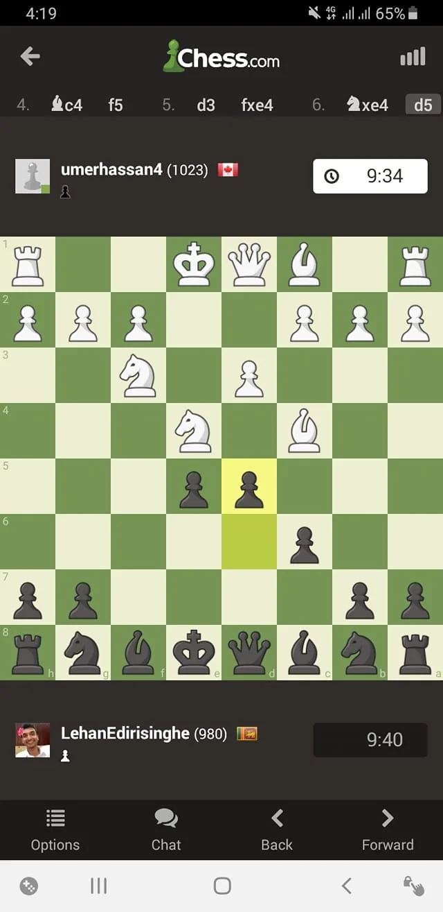The screenshot is from the Chess.com app, displaying an ongoing chess match. The interface shows a chessboard with both players' names and ratings: "umerhassan4" with a rating of 1023 and a Canadian flag, and "LehanEdirisinghe" with a rating of 980 and a Sri Lankan flag. The board is in a mid-game position, with pieces strategically placed on various squares. The move history indicates the sequence of actions taken by the players. The current move highlights a pawn on d5. The interface is dark themed, with the app’s logo visible at the top. The players' profile pictures are displayed next to their names. The time left for each player is shown beside their names, with 9:34 remaining for "umerhassan4" and 9:40 for "LehanEdirisinghe". The screen also features options for chat, going back, or moving forward, indicating a typical chess game setup.