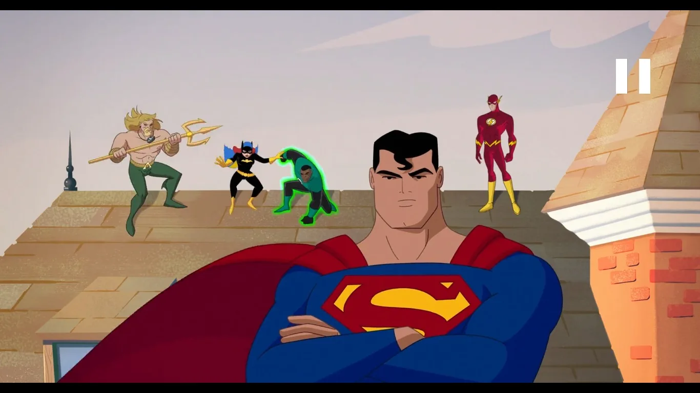 The image is an animated illustration featuring superheroes on a rooftop. In the foreground is Superman, recognizable by his iconic blue suit with a red cape and the yellow “S” emblem on his chest. He stands confidently with his arms crossed, conveying a sense of determination and leadership. Behind him, a group of superheroes, including a character with a trident, a figure resembling Batgirl, a character with a glowing green aura, and a speedster in a red suit, are poised for action. The rooftop setting is stylized with a simple, cartoonish design, and the daylight provides clear visibility of the characters. The illustration captures a moment of unity and readiness among the heroes, typical of the DC Comics universe. The art style is colorful and dynamic, emphasizing the distinct costumes and powers of each character.