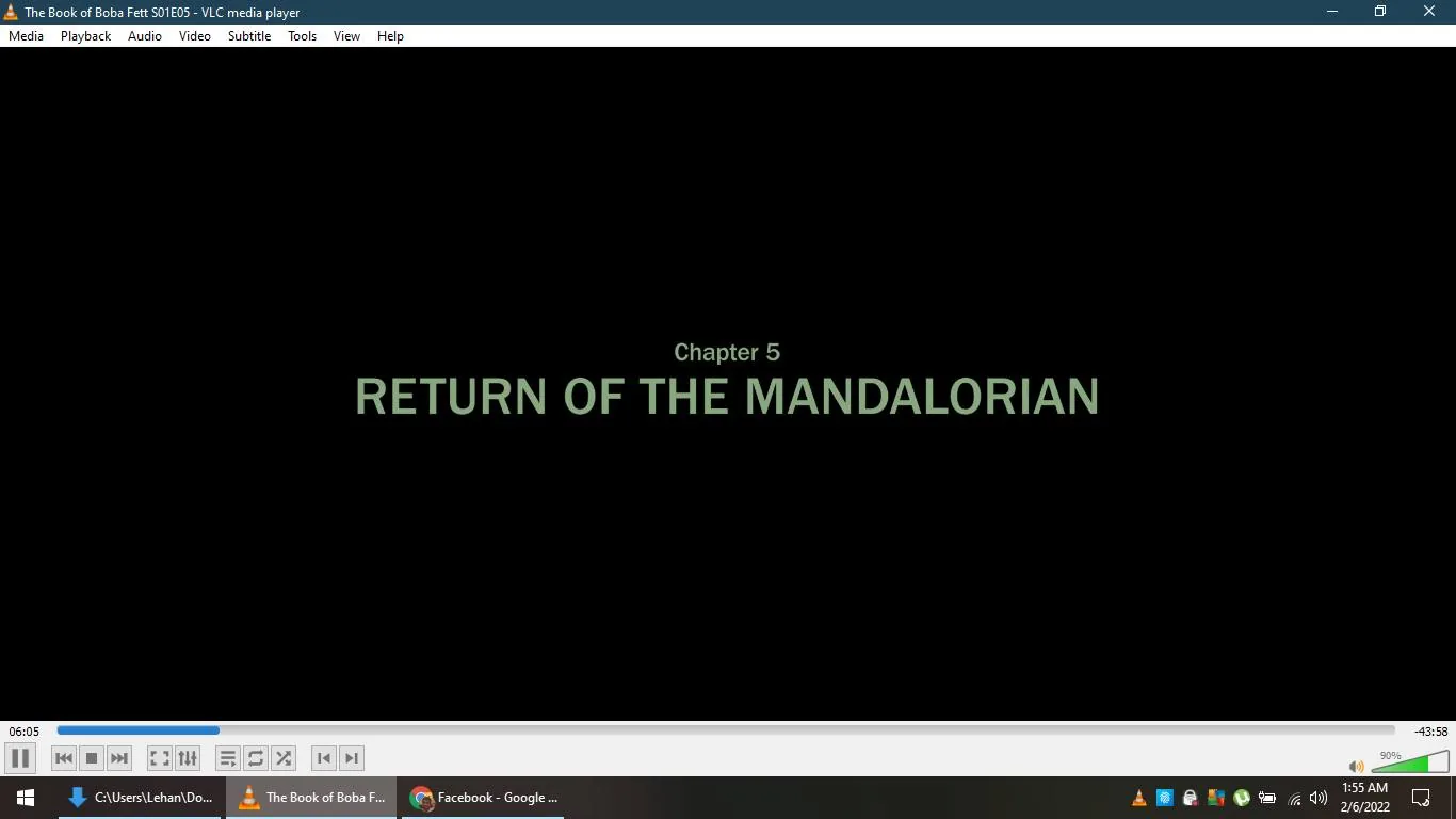 The screenshot shows a VLC media player window displaying the title screen for an episode of "The Book of Boba Fett." It is paused at 6 minutes and 5 seconds into the episode, with the total duration being 43 minutes and 58 seconds. The title text "RETURN OF THE MANDALORIAN" is prominently displayed in a light green font against a black background, centered on the screen. Above it, the text "Chapter 5" is visible in smaller font. The player interface is at the bottom of the screen, showing typical playback controls like play, pause, and volume, indicating the user is watching the episode on a computer. The filename displayed in the title bar matches the episode's title, and the system clock in the bottom right corner displays the time as 1:55 AM on February 6, 2022. The overall scene is minimalistic, focusing on the text with no additional visual elements or characters.