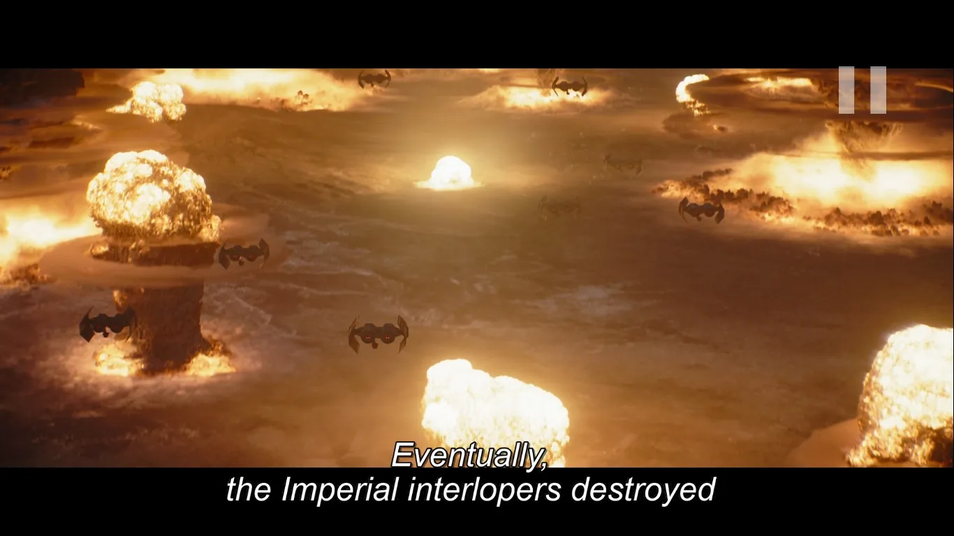 The image depicts a dramatic scene from a science fiction setting, likely a space battle involving explosions and spacecraft. A series of fiery explosions are scattered across a desolate landscape, illuminating the scene with intense orange and yellow hues. In the foreground and background, several dark, bat-shaped spacecraft are flying amidst the chaos, suggesting an ongoing conflict. The lighting is intense, casting a warm glow across the entire scene, emphasizing the destructive nature of the explosions. The caption at the bottom of the image reads, "Eventually, the Imperial interlopers destroyed," hinting at a narrative involving an imperial force. This portrayal of destruction and warfare creates a tense and dramatic mood, typical of space opera genres. The image style suggests a computer-generated or cinematic medium, capturing the grandeur and intensity of a large-scale intergalactic battle.