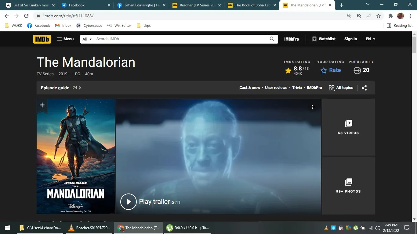 The screenshot is from the IMDb page for "The Mandalorian," a popular TV series available on Disney+. The design reflects a user-friendly interface with a dark theme typical of IMDb’s website. On the left, there's a poster of the series featuring a character in Mandalorian armor, set against a dramatic sky with hues of orange and blue. The center of the page shows a trailer thumbnail with the holographic image of a character, a nod to the series' sci-fi theme. In the background, the site's streamlined design includes clickable options like "Cast & Crew," "User Reviews," and "Trivia."
Above the trailer, key details such as the IMDb rating (8.8/10 from 404K users) highlight the show's popularity. The text notes that the series started in 2019 and each episode runs for approximately 40 minutes. The page also promotes the availability of a new season starting October 30. The overall impression conveys a professional and enticing presentation aimed at attracting viewers to explore more about the show.
- Title: "The Mandalorian"
- Site / app: "IMDb"