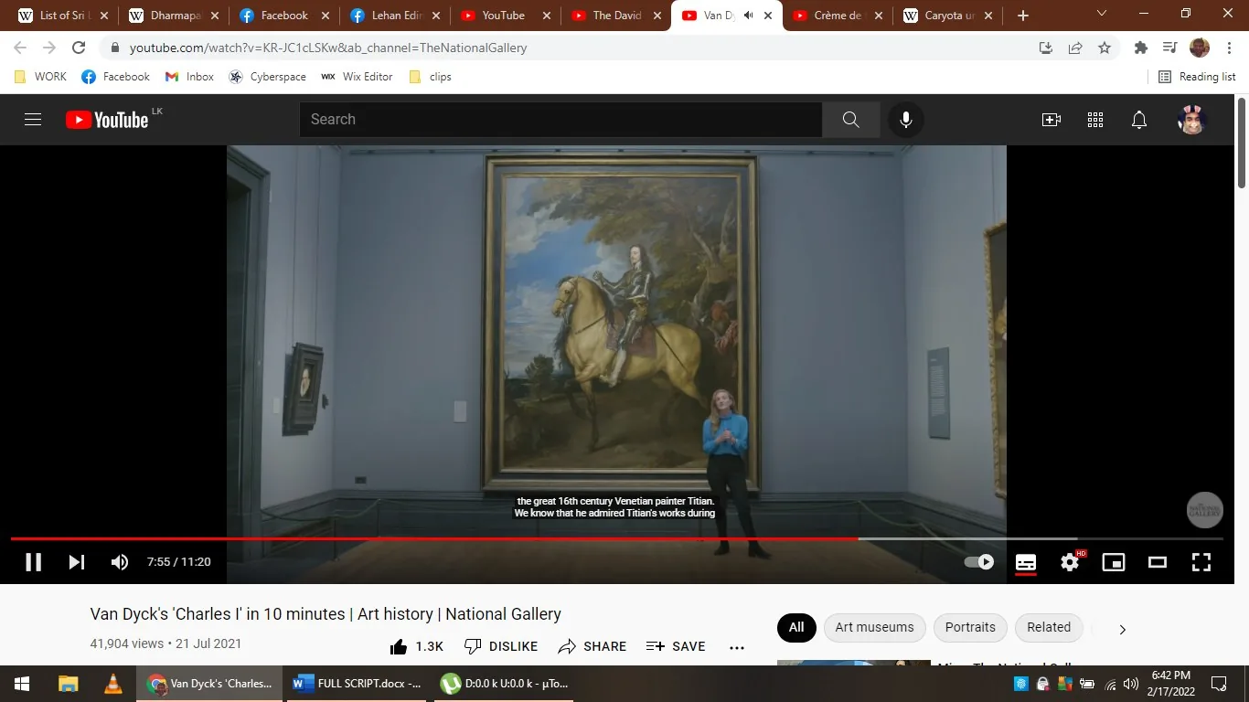 The image is a still frame from a YouTube video titled "Van Dyck's 'Charles I' in 10 minutes | Art history | National Gallery," found on The National Gallery channel. It captures an indoor setting within an art gallery, where a large painting of "Van Dyck's 'Charles I'" is prominently displayed on a wall. The painting depicts Charles I on horseback with a background of a lush landscape under a blue sky. The artwork is framed in an ornate gold frame, and its size dominates the gallery wall.
In front of the painting, a person stands, engaging with the audience, possibly explaining the historical context or artistic techniques related to the painting. The individual is dressed in a bright blue top and black pants, adding a pop of color against the neutral tones of the gallery. The gallery is softly lit, with the painting illuminated to highlight its details.
Subtitles at the bottom of the frame mention the admiration for the Venetian painter Titian, indicating a discussion on artistic influences. The overall atmosphere is educational, with the focus on exploring art history and the significance of the painting.