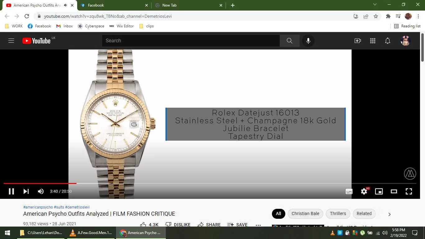 In this YouTube screenshot, a Rolex Datejust 16013 watch is prominently displayed, showcasing its luxurious design. The watch features a stainless steel and champagne 18k gold construction with a Jubilee bracelet, complemented by a tapestry dial. The video titled "American Psycho Outfits Analyzed | FILM FASHION CRITIQUE" is found on the channel DemetriosLevi. This content analyzes film fashion, specifically focusing on the movie "American Psycho," associated with the actor Christian Bale. The screen is crisp and clear, emphasizing the watch's details, and the right side contains text describing the watch's specifications. The YouTube interface is visible, with standard elements like the play bar, view count, and publication date, which is June 28, 2021. The environment is sleek and modern, fitting the theme of luxury and fashion critique.