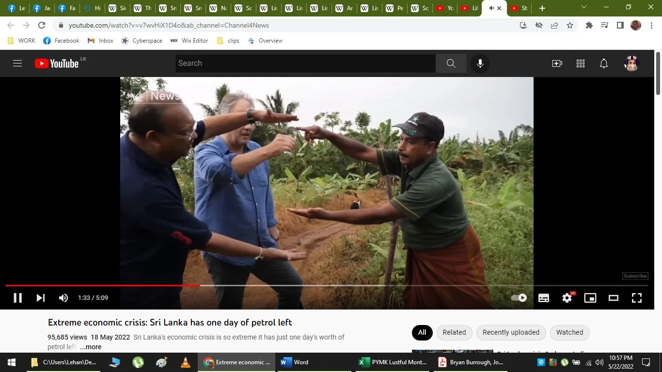 The image is a screenshot from a YouTube video titled "Extreme economic crisis: Sri Lanka has one day of petrol left," published by Channel 4 News. The scene takes place outdoors in a rural or agricultural setting, with green foliage and palm trees in the background. Three men are engaged in what appears to be a discussion or demonstration. The man on the left is wearing a dark blue shirt and glasses, leaning slightly forward. The man in the center, dressed in a blue shirt, is gesturing with his arms outstretched, while the man on the right, wearing a green shirt and a cap, appears animated as he points. The expressions and body language suggest an intense conversation, possibly related to the economic crisis mentioned in the title. The environment is brightly lit, indicating it is daytime. The video was watched 95,685 times as of May 18, 2022, highlighting the urgency and interest in the topic.
- Title: "Extreme economic crisis: Sri Lanka has one day of petrol left"
- Channel / profile: "Channel 4 News"
- Site / app: "YouTube"