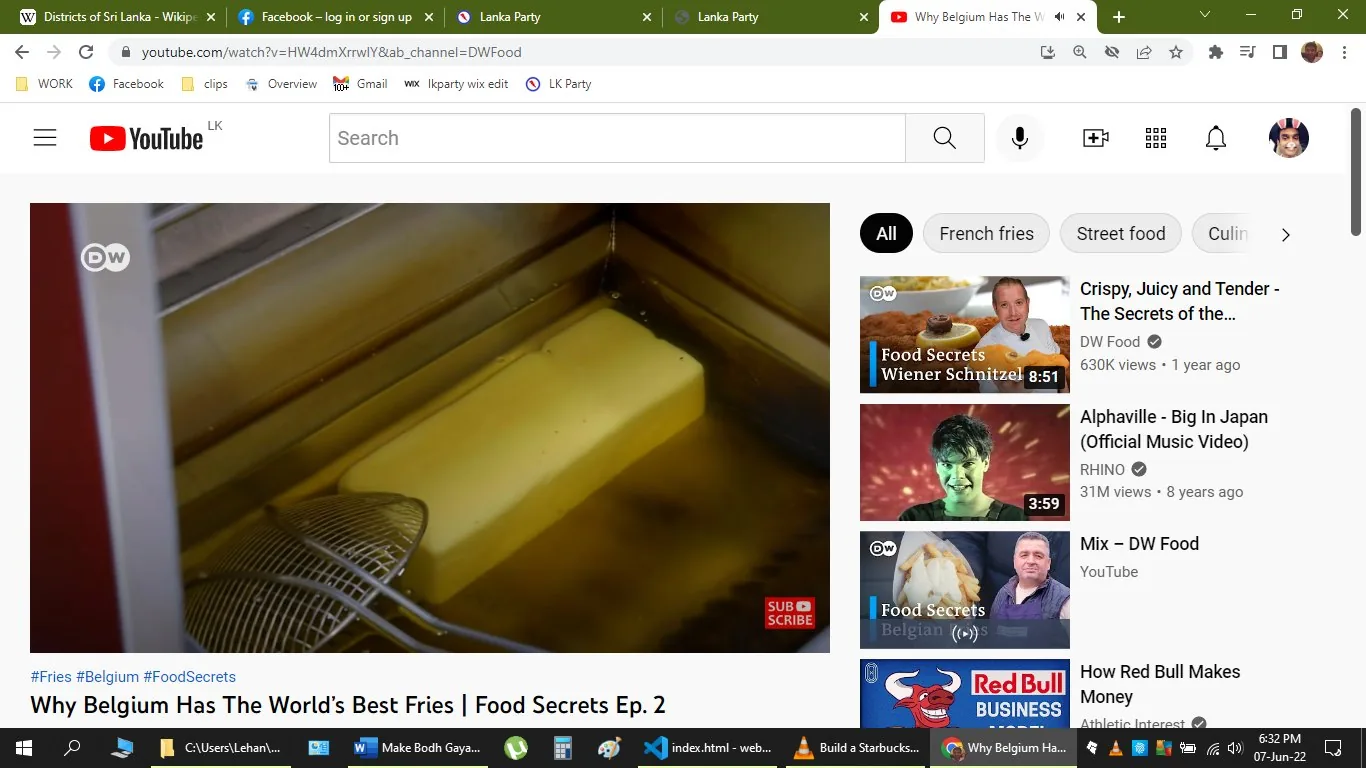 The image is a screenshot from a YouTube video titled "Why Belgium Has The World's Best Fries | Food Secrets Ep. 2" on the DW Food channel. It shows a close-up of a deep fryer with oil, and what appears to be a block of fat or butter being used in the frying process. A skimmer ladle is partially visible, suggesting preparation of food, likely fries, given the video title. The background consists of the fryer apparatus, indicating a kitchen or food preparation setting.
On the right, there are recommendations for related videos, including another video from DW Food about Wiener Schnitzel, and a music video by Alphaville. The interface displays familiar YouTube elements like the search bar, video controls, and tabs with different categories such as "All," "French fries," "Street food," and "Culinary." The time displayed on the taskbar is 6:32 PM on June 7, 2022.
- Title: "Why Belgium Has The World's Best Fries | Food Secrets Ep. 2"
- Channel / profile: "DW Food"
- Site / app: "YouTube"