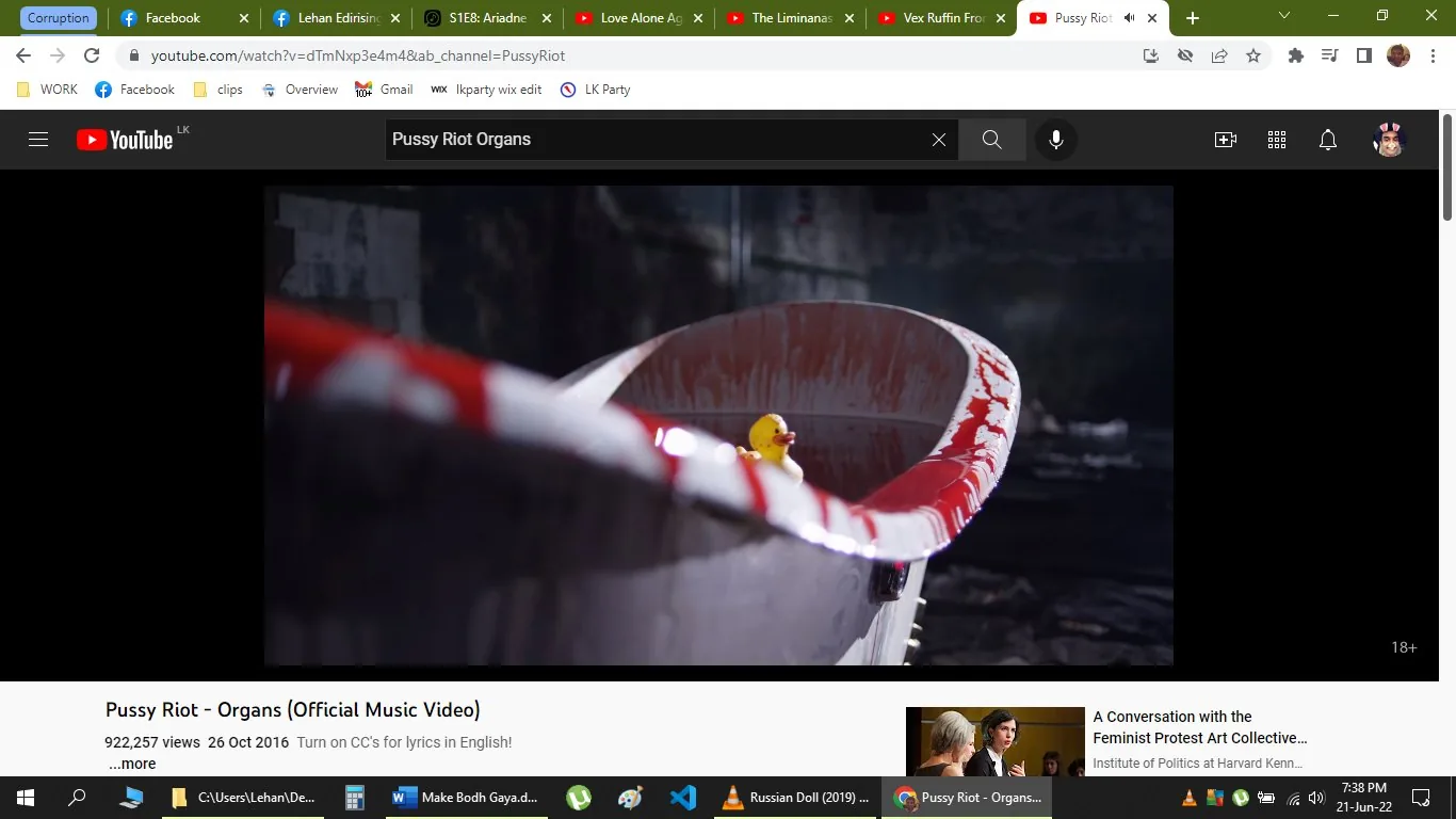 The image is a screenshot from a YouTube video titled "Pussy Riot - Organs (Official Music Video)" on the PussyRiot channel. It features a scene with a bathtub that is streaked with red, possibly suggesting blood, giving it a dramatic and intense atmosphere. Inside the bathtub, there is a small, yellow rubber duck, which contrasts sharply with the dark and moody lighting of the setting. The background is blurred, emphasizing the bathtub and the duck as the focal points of the image. The scene is indoor, and the lighting is dim, creating a mysterious and somewhat eerie mood. The video appears to be artistic and thought-provoking, in line with Pussy Riot's style, known for their impactful and politically charged themes. The image captures a moment that likely symbolizes deeper themes explored in the music video.
- Title: "Pussy Riot - Organs (Official Music Video)"
- Channel / profile: "PussyRiot"
- Site / app: "YouTube"