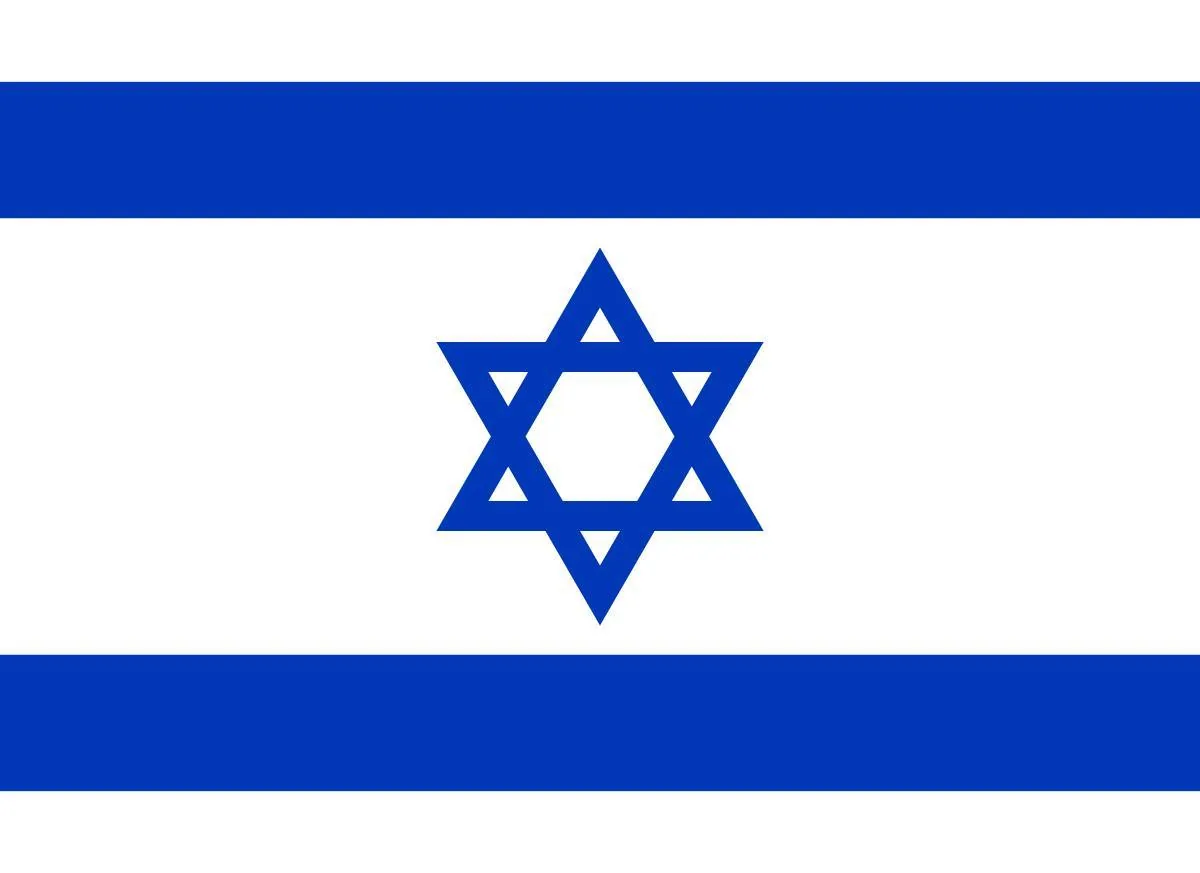 The image shows the national flag of Israel. It features two horizontal blue stripes near the top and bottom edges against a white background. In the center, there is a blue Star of David, a prominent symbol in Judaism, which is composed of two overlapping equilateral triangles forming a hexagram. The design is simple yet distinctive, using only two colors: blue and white. The flag's elements are symmetrically aligned, conveying a sense of balance and harmony. The use of blue stripes is said to be inspired by the traditional Jewish prayer shawl, known as a tallit. This flag is typically associated with themes of national identity, cultural heritage, and religious significance.