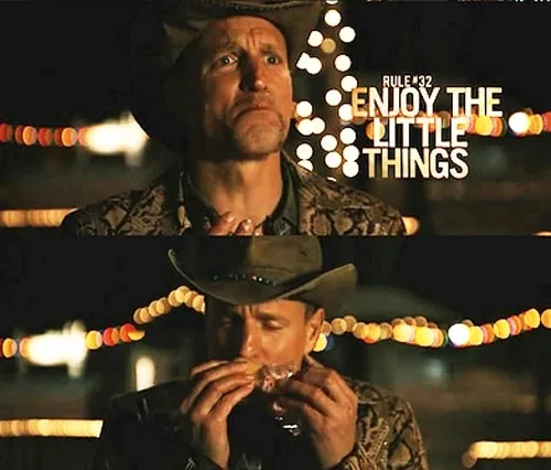 The image features two scenes from the movie "Zombieland" focusing on Woody Harrelson's character. In both scenes, it is nighttime, and the background is adorned with blurred string lights creating a warm, festive atmosphere. Woody Harrelson is wearing a cowboy hat and a patterned jacket, characteristic of his rugged, survivalist persona in the film.
In the top scene, he looks contemplative as he gazes slightly upwards, perhaps savoring a moment of enjoyment or indulgence. The on-screen text next to him reads "RULE #32 ENJOY THE LITTLE THINGS," which is one of the humorous survival rules mentioned in the movie. The phrase emphasizes appreciating small joys in a post-apocalyptic world.
In the bottom scene, Woody Harrelson is seen enjoying a snack, bringing the text's theme to life. His focus on the food reflects the rule's message. The lighting is warm and accentuates his facial features, highlighting the comedic yet poignant nature of the moment. The blend of humor and survival is a key theme in "Zombieland," making these scenes emblematic of the film's tone and style.
