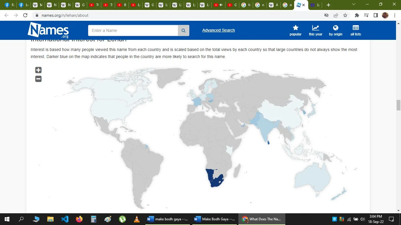 This image is a screenshot from the website names.org, displaying a world map that highlights international interest in the name "Lehan." The map uses different shades of blue to indicate varying levels of interest, with darker blue signifying higher interest. South Africa is prominently colored in dark blue, indicating a significant interest in the name "Lehan" there compared to other countries. Several other regions, such as parts of Europe, Asia, and Oceania, show lighter shades of blue, suggesting moderate interest. The map provides a visual representation of how frequently the name is searched in different countries, based on the total views adjusted for country size.
The interface includes options for entering a name and performing an advanced search, visible at the top of the page. The explanation below the title clarifies that the map scales interest based on country size to ensure large countries do not disproportionately display more interest. The layout is clean, with a focus on the interactive map, which occupies the majority of the screen space.