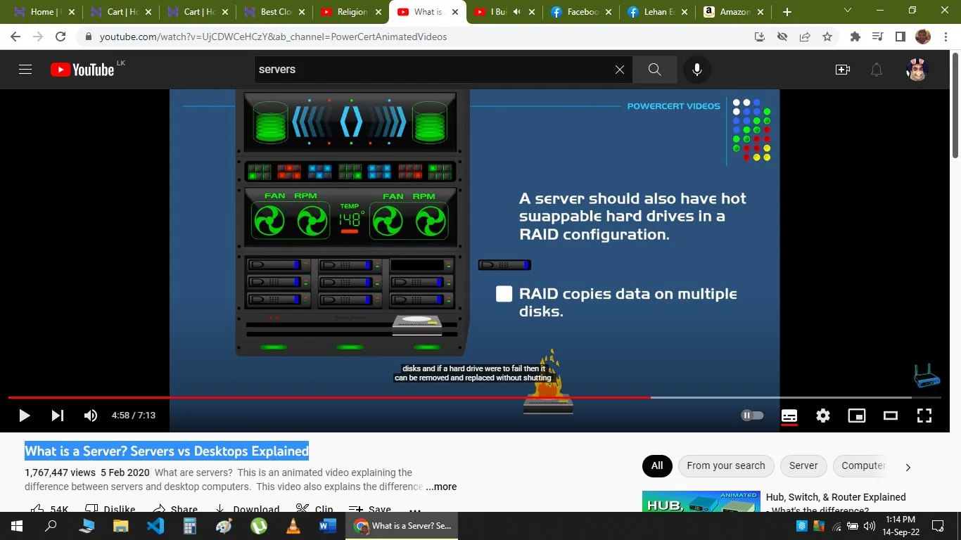 1) Rich description: The video frame from YouTube is taken from a channel called PowerCert Animated Videos, depicting an animated illustration explaining servers. The video is titled "What is a Server? Servers vs Desktops Explained." The frame features a stylized image of a server rack on the left, with various indicators and fans showing a temperature of 148 degrees. The server is depicted with slots for hot-swappable hard drives, emphasizing its capability for RAID configuration. On the right side, there is text explaining the importance of having hot-swappable hard drives in a server setup for data redundancy and failover safety through RAID, which copies data on multiple disks. The overall color scheme is dominated by shades of blue, green, and black, creating a technical and informative atmosphere. Below the server image, a progress bar indicates the video is at 4:58 of its 7:13 length. Captions at the bottom mention that if a hard drive fails, it can be swapped without shutting down the server, reinforcing the reliability and efficiency of RAID configurations.
2) On-screen text block:
- Title: "What is a Server? Servers vs Desktops Explained"
- Channel / profile: "PowerCert Animated Videos"
- Site / app: "YouTube"
- Captions / subtitles: "disks and if a hard drive were to fail then it can be removed and replaced without shutting"