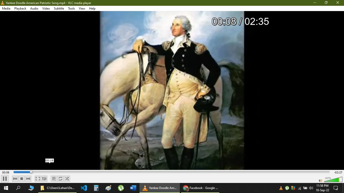The image is a frame from a video titled "Yankee Doodle American Patriotic Song.mp4," playing in VLC media player. It features a historical painting of George Washington, as indicated by the hint. Washington is portrayed standing beside a white horse, set against a backdrop of a cloudy sky, giving a sense of grandeur and leadership. He is dressed in a military uniform typical of the 18th century, with a dark blue coat adorned with gold epaulettes, and cream-colored breeches. His posture is confident, with one hand resting on the saddle and the other holding his hat. The scene exudes a patriotic and dignified mood, emphasizing Washington's prominent role in American history. The video player interface shows that the video is 8 seconds into a total duration of 2 minutes and 35 seconds. The painting style is classical, highlighting Washington’s status and significance in a visually striking manner.