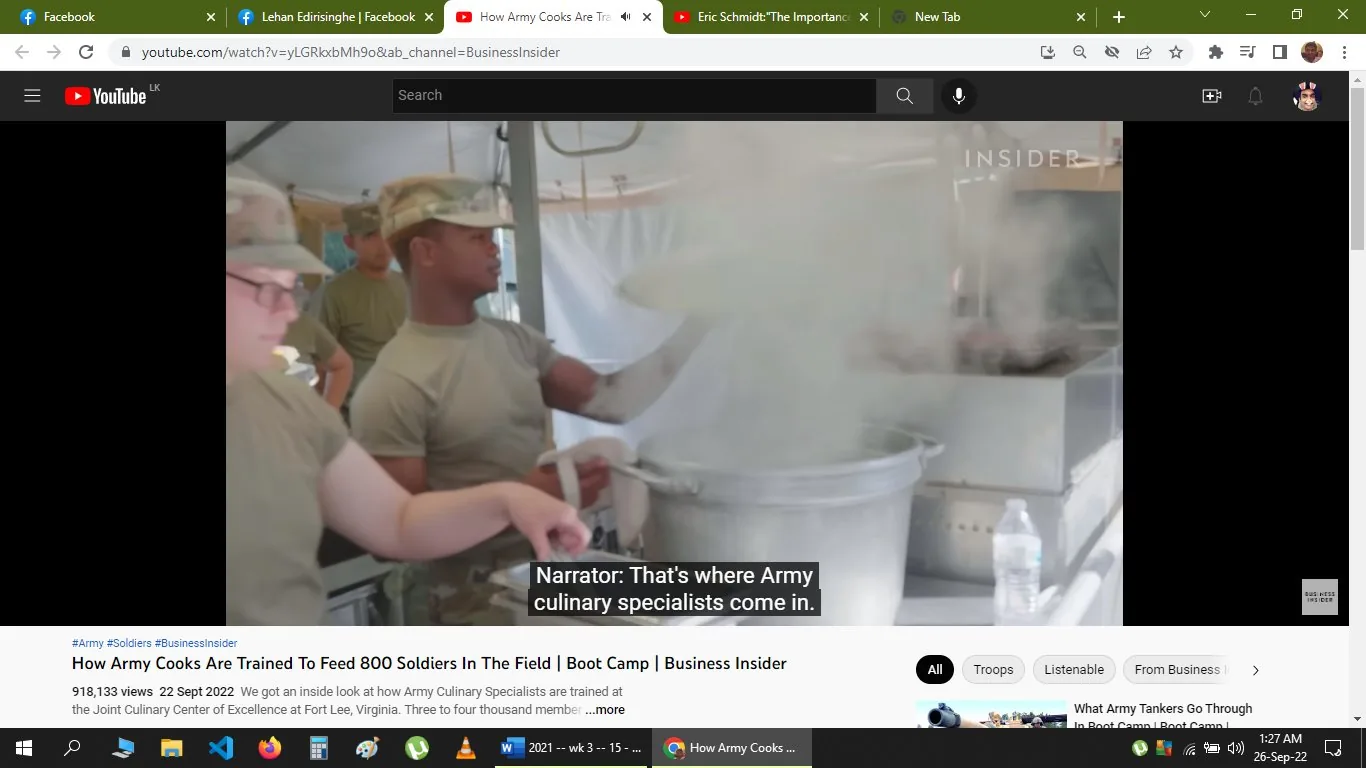 The image is a screenshot from a YouTube video titled "How Army Cooks Are Trained To Feed 800 Soldiers In The Field | Boot Camp | Business Insider," published by Business Insider. The scene shows military personnel in a cooking environment, focusing on one person lifting a lid from a large pot, releasing steam into the air. The individuals are dressed in standard military attire, including camouflage caps and green t-shirts, indicating a setting likely within a military camp or training facility. The atmosphere is industrious, with visible steam suggesting active cooking.
In the foreground, a water bottle is placed on a surface, while the background shows tent-like structures and another person engaged in the cooking process. The visual conveys a sense of discipline and teamwork as part of the training for Army culinary specialists. The caption reads, "Narrator: That's where Army culinary specialists come in," highlighting the role of these specialists in feeding a large number of soldiers. The on-screen text includes branding with "INSIDER" and "BUSINESS INSIDER" at the top right and bottom right corners, reinforcing the source of the content.
- Title: "How Army Cooks Are Trained To Feed 800 Soldiers In The Field | Boot Camp | Business Insider"
- Channel / profile: "Business Insider"
- Site / app: "YouTube"
- Captions / subtitles: "Narrator: That's where Army culinary specialists come in."