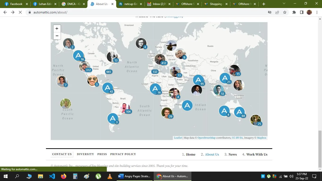 The image shows a webpage from Automattic's "About Us" section, featuring a world map with various user or team locations highlighted. Each location on the map is marked with either a circular photograph or a blue circle with an "A" and a number inside, indicating the number of individuals or representatives in that location. The map spans globally, showing clusters in North America, Europe, Asia, and other regions. In the background, the map is detailed with countries and oceans labeled, providing a global perspective of the company's distribution.
The bottom of the page includes links such as "Contact Us," "Diversity," "Press," and "Privacy Policy." The footer mentions Automattic Inc. being purveyors of fine blogging and site-building services since 2005. The text is small and placed at the bottom, just above the map credits, which attribute map data to OpenStreetMap and Mapbox. The browser tabs and taskbar are visible, indicating a desktop view. The overall mood is professional and informative, showcasing the company's global reach and diverse team.