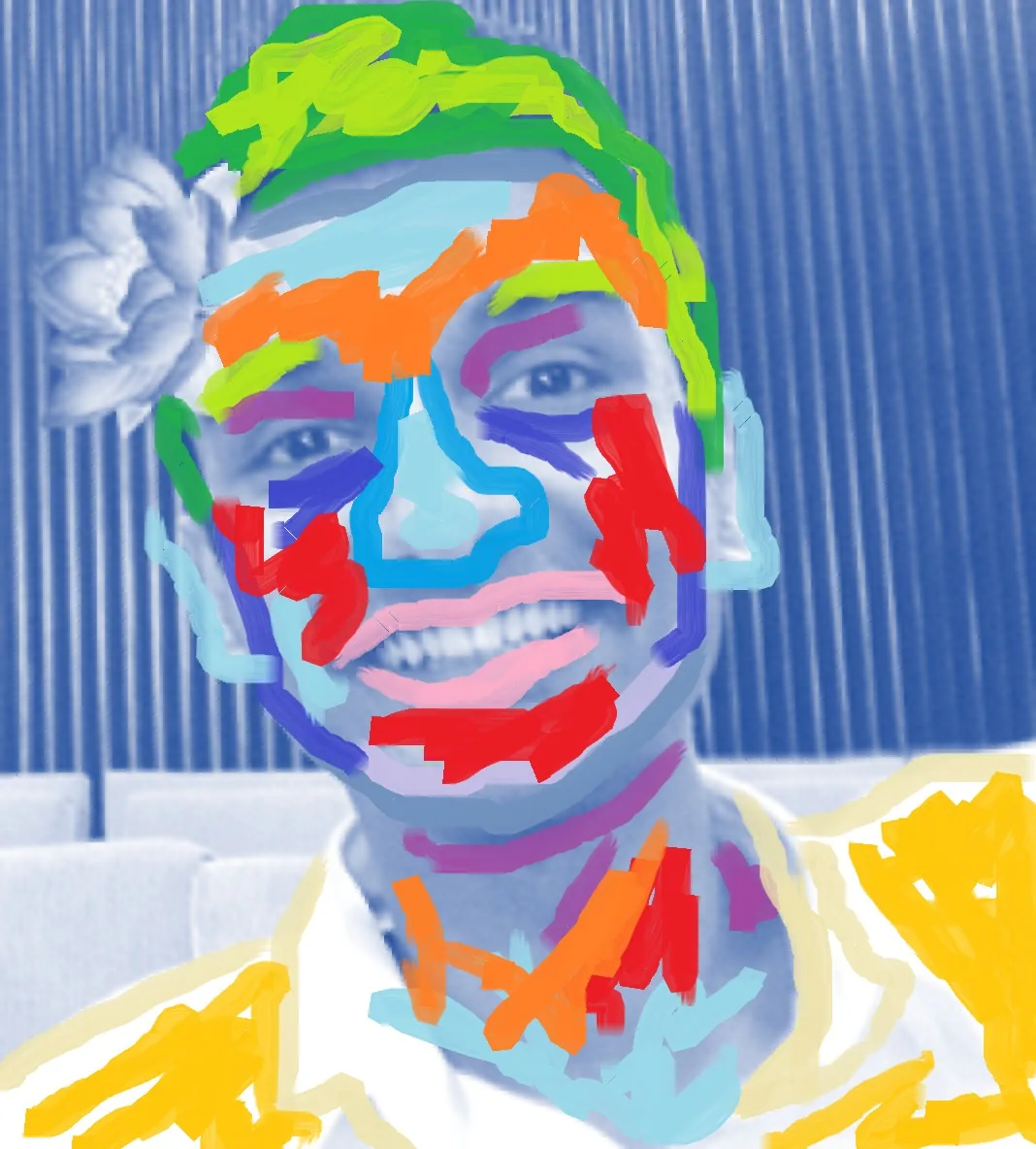 This image features a creatively edited portrait of an individual whose face has been colorfully painted using digital techniques. The artistic overlay covers the person's face with vibrant hues including green, orange, red, blue, and yellow. Each section of the face is marked by bold, abstract strokes, emphasizing features like the eyes, mouth, and hair. Notably, a flower is tucked behind one ear, adding to the playful and imaginative theme.
The background consists of vertical stripes in various shades of blue, enhancing the unique and artistic vibe of the image. The setting appears to be indoors, possibly in an auditorium or a room with a striped wall. The overall mood is cheerful and expressive, with the individual smiling broadly, contributing to the lively, spirited atmosphere of the composition.
There is a playful juxtaposition between the colorful facial decorations and the monochromatic background, making the subject stand out prominently. The style suggests a sense of joy, whimsy, and creativity.
- Title: "The Killers - Miss Atomic Bomb"