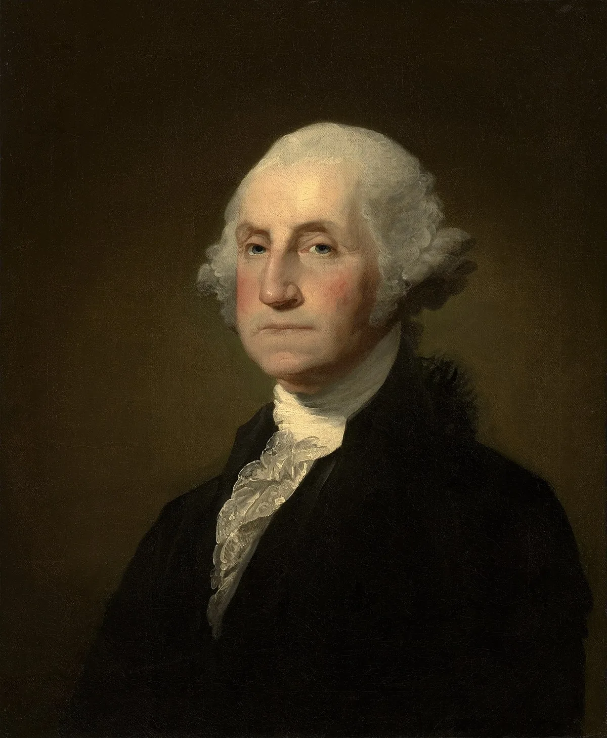 This is a classic portrait of George Washington, depicted in a traditional and formal style. The image showcases Washington in a three-quarter pose, facing slightly to the viewer's right. He is dressed in a dark suit with a white lace cravat, typical of the late 18th century attire, which adds a sense of dignity and historical authenticity to the portrait. His expression is serious and composed, conveying a sense of leadership and statesmanship. The background is a simple, dark brown, which helps to emphasize the subject without any distractions. The lighting is soft and even, highlighting the details of Washington's face and attire. This painting is rendered with fine brushwork, capturing the texture of his hair and the fabric of his clothing, characteristic of classical portraiture. Prominent features like Washington's white powdered hair and prominent nose are depicted with careful attention to detail, contributing to the recognition of his iconic image. Overall, the artwork reflects the gravitas and respect associated with George Washington as a historical figure.