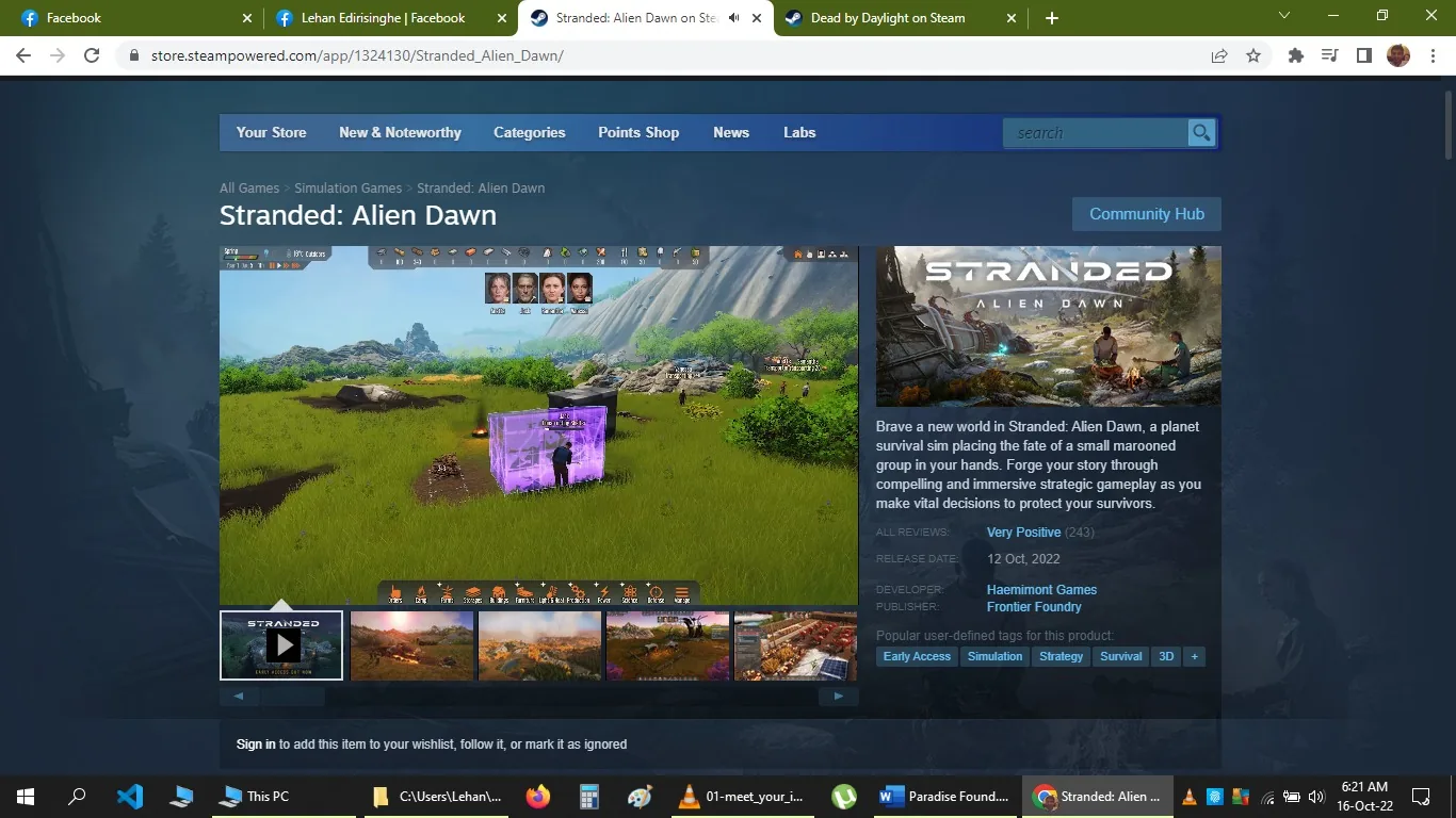 This screenshot captures the Steam page for the game "Stranded: Alien Dawn." The page is part of the Steam website and shows an interactive game interface with a focus on strategy and survival elements. In the central section, game visuals depict a lush, green landscape with mountains in the background, where characters are interacting with the environment, likely constructing or managing resources. The graphics are vibrant, with a mix of natural and futuristic elements, suggesting a sci-fi theme.
To the right, there's a game description that highlights the game's premise: a survival simulation where players manage a group of stranded individuals on an alien planet. The game was released on October 12, 2022, and has received "Very Positive" reviews. The tags associated with the game include Early Access, Simulation, Strategy, Survival, and 3D, indicating the genre and gameplay style.
The Steam interface is recognizable with its blue and dark-themed color scheme, featuring navigation options at the top and a carousel of game images below the main visual. The developer and publisher, Haemimont Games and Frontier Foundry, are credited on the page.
