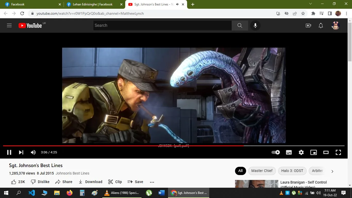 The image is a screenshot from a YouTube video titled "Sgt. Johnson's Best Lines" on the channel MatthewLynch. It features a scene with Sgt. Avery Johnson from a sci-fi setting. Sgt. Johnson is depicted in military attire, wearing a cap and holding a cigar. He is interacting with an alien creature, suggesting a tense moment. The environment appears to be a futuristic or space setting, with metal walls and advanced technology. The lighting is dim, emphasizing the seriousness of the scene. The alien has a distinctive appearance with a large, elongated head and mechanical attachments. Subtitles in the image read "(puff, puff)," indicating Sgt. Johnson is smoking his cigar. On the right side, tags related to "Master Chief," "Halo 3: ODST," and "Arbiter" are visible, which are associated with the Halo video game series. The overall mood is intense and dramatic, capturing a moment of confrontation or dialogue between the characters.