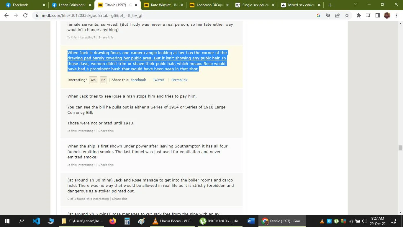 The screenshot captures a portion of a webpage from IMDb, focusing on goofs from the film "Titanic (1997)." The section highlighted in the image discusses a specific scene where Jack is drawing Rose, noting an inaccuracy related to historical grooming practices. The text suggests that in the era depicted, women typically did not shave their pubic hair, implying the scene's depiction may lack authenticity. The webpage is presented in a standard layout with black text on a white background, typical of IMDb's style, with options for users to mark the content as interesting or share it on social media platforms like Facebook and Twitter. The page also lists other goofs from the film, providing a comprehensive look at potential inaccuracies or anachronisms in the movie.