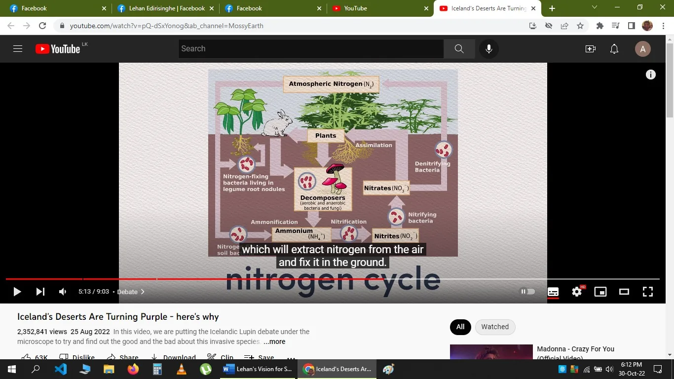 1) Rich description:
The screenshot is from a YouTube video titled "Iceland's Deserts Are Turning Purple - here's why," featured on the channel MossyEarth. The scene displays a detailed diagram illustrating the nitrogen cycle with various components labeled throughout. At the top, "Atmospheric Nitrogen (N2)" is shown above a row of green plants, indicating the starting point of the cycle. The plants are central to the diagram, with arrows leading to processes like "Assimilation" and "Nitrogen-fixing bacteria living in legume root nodules." Other elements include "Denitrifying Bacteria," "Nitrates (NO3-)," "Ammonium (NH4+)," and "Nitrites (NO2-)," each connected by arrows that illustrate the flow and conversion of nitrogen through different stages. The diagram uses a mix of icons and text to convey its message, with a muted brown background simulating soil. The video caption at the bottom reads, "which will extract nitrogen from the air and fix it in the ground." This visual aims to educate viewers on ecological processes, specifically how nitrogen moves and transforms within ecosystems.
2) On-screen text block:
- Title: "Iceland's Deserts Are Turning Purple - here's why"
- Channel / profile: "MossyEarth"
- Site / app: "YouTube"
- Captions / subtitles: "which will extract nitrogen from the air and fix it in the ground."