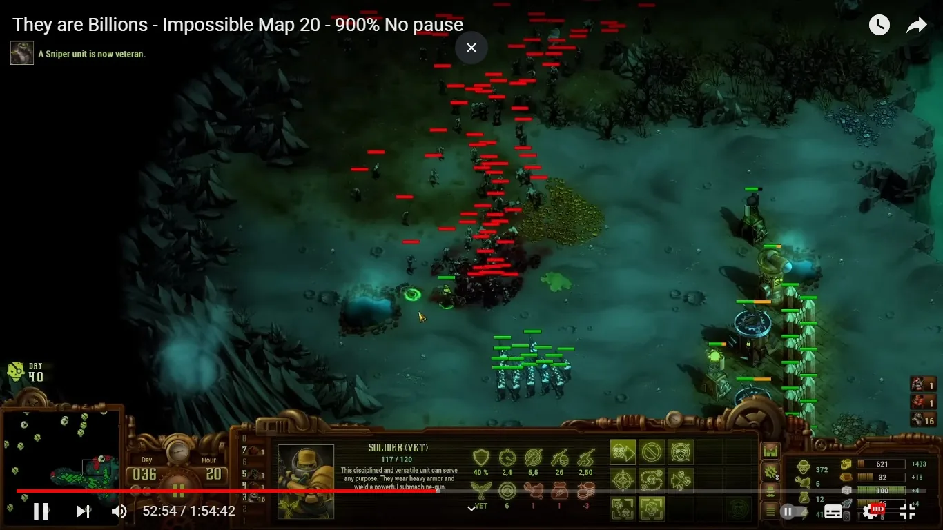 The image is a frame from a video titled "They are Billions - Impossible Map 20 - 900% No pause." It displays gameplay from the strategy game "They are Billions." The scene is set on Day 36, Hour 20 in the game, and the player's units are engaged in a battle against zombie hordes. The screen shows a cluster of red indicators representing enemy units approaching from the north, while a group of green indicators represents the player's soldiers positioned defensively.
The interface at the bottom highlights a "Soldier (Vet)" unit, describing it as "disciplined and versatile" with heavy armor and a submachine gun. The player appears to be managing resources and unit health, as indicated by numbers like 117/120 for the soldier's health and other statistics for resources. On-screen text notes that "A Sniper unit is now veteran," indicating progress or achievement within the game.
The setting is a dark, eerie environment with muted colors, characteristic of post-apocalyptic themes. Structures, possibly defensive towers, are seen to the right, while the player seems to be strategizing to fend off the approaching threat. The interface elements and strategic gameplay indicate a complex, real-time strategy challenge typical of "They are Billions."