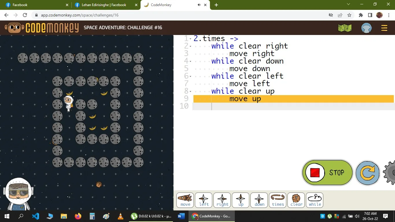 ```
The screenshot depicts a programming game interface from "CodeMonkey" titled "SPACE ADVENTURE: CHALLENGE #16." The screen is dominated by a grid-based game where the objective appears to involve navigating a character through a maze of moons and bananas. The character, an astronaut, is positioned within the maze. The game uses a drag-and-drop coding interface on the right, where players can input code to maneuver the character.
The interface has several buttons at the bottom, including directional arrows and control structures like loops. The coding section contains a sequence of loop commands designed to move the character around the maze: "while clear right," "move right," and similar commands for other directions. The toolbar on the right has options for stopping and restarting the simulation, indicated by a green "GO" button and a red "STOP" button.
The background is dark, mimicking outer space, with small white dots representing stars. The visual style is cartoonish, and the interface is user-friendly, aimed at teaching programming through interactive puzzles. The screenshot includes elements like the browser tabs visible at the top, suggesting that the game is being played in a web browser.