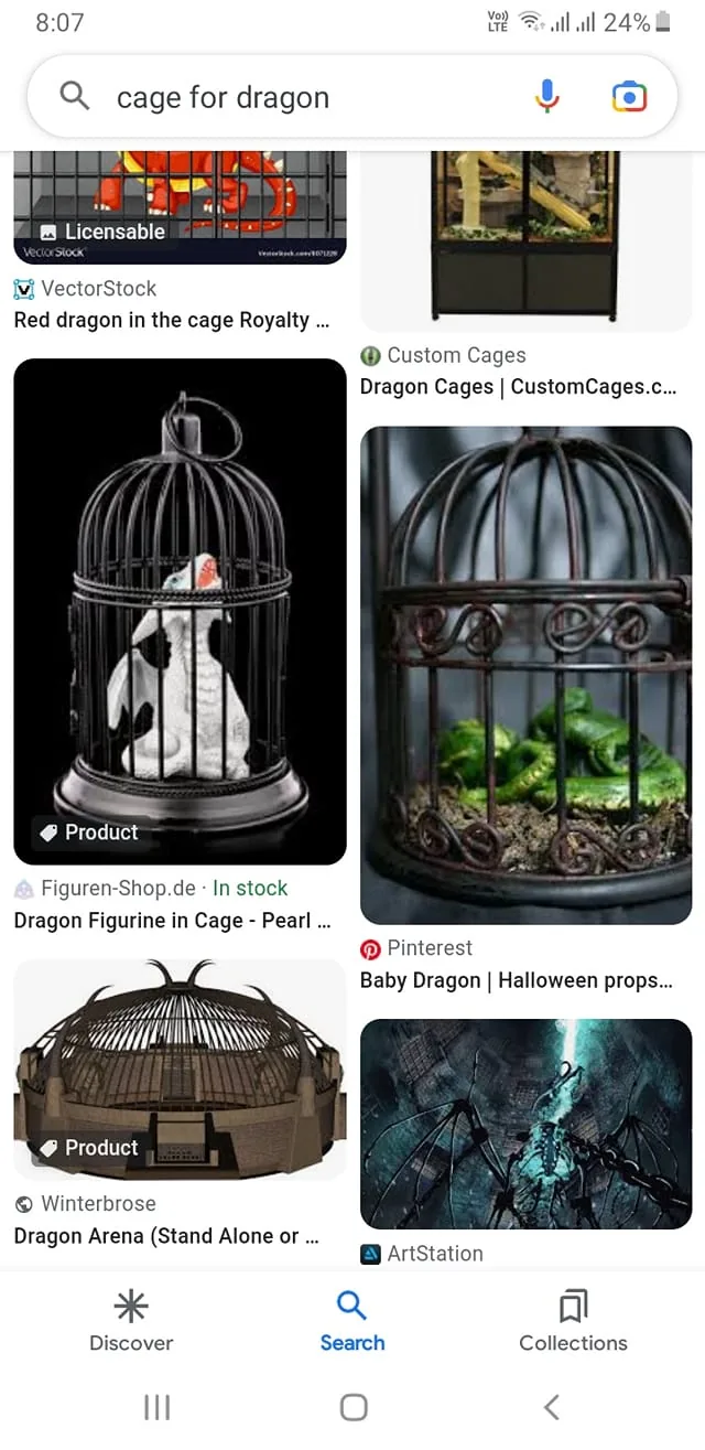 The image is a screenshot of Google search results for the query "cage for dragon." Various artistic representations of dragons in cages are displayed. In the top left, there's a red dragon illustration in a cage, which has a stylized, animated appearance. Next to it is an image of a large reptile enclosure from Custom Cages.
Below, there's a product image of a figurine depicting a dragon in a pearl white color inside a black cage, available from Figuren-Shop.de. Adjacent to it is an image from Pinterest showing a small green dragon inside a decorative cage, labeled for Halloween props. Another product, a "Dragon Arena," is depicted as a large, circular structure from Winterbrose. Finally, there's an art piece from ArtStation showing a dramatic scene of a chained dragon bathed in moody, blue lighting.
The overall theme of the screenshot centers on artistic and decorative representations of dragons in captivity, each varying in style from whimsical to dramatic.