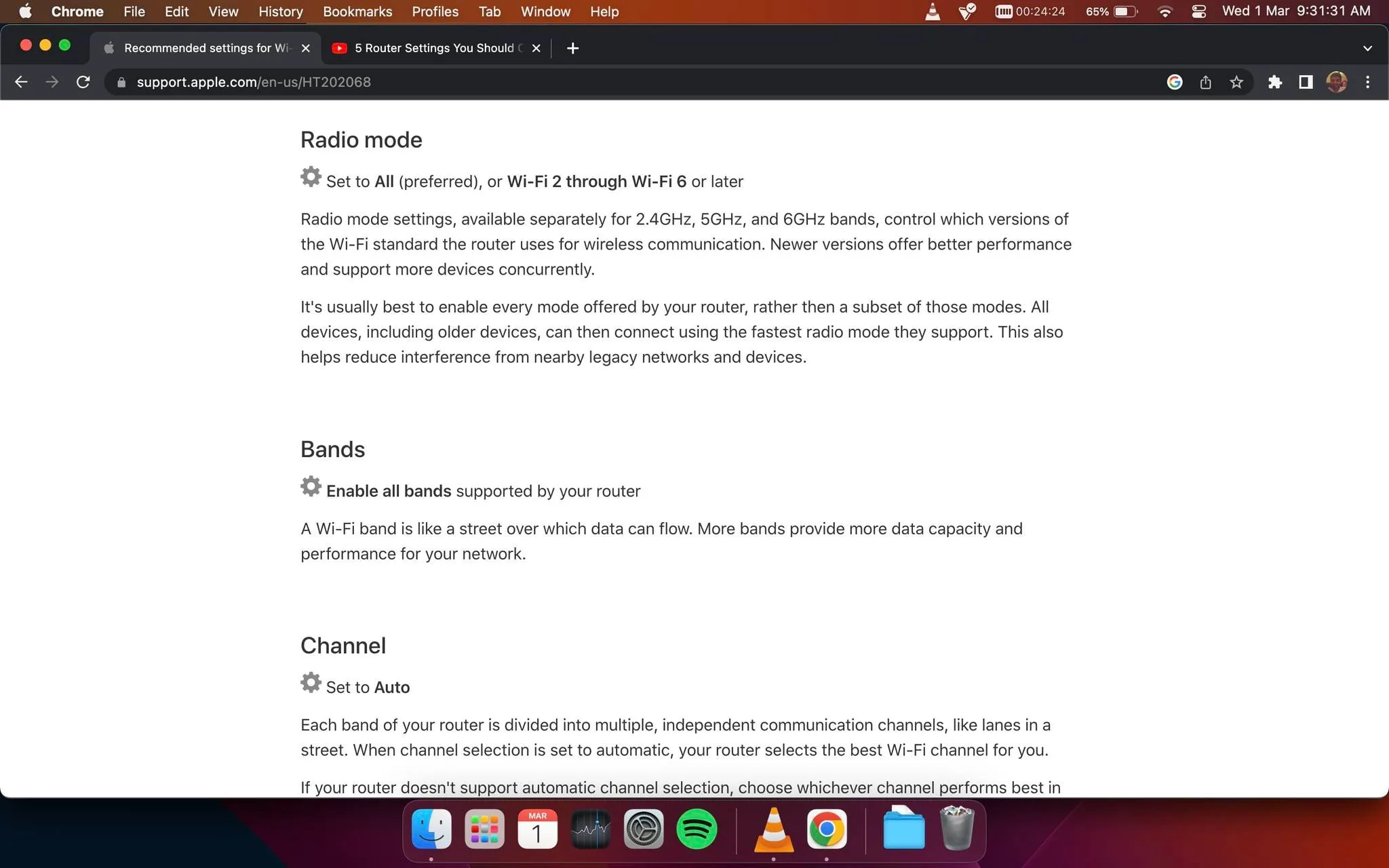 The image is a screenshot of a webpage from support.apple.com providing guidance on recommended Wi-Fi router settings. The page is titled "Recommended settings for Wi-Fi routers and access points." It includes sections on "Radio mode," "Bands," and "Channel." Under "Radio mode," it advises setting to "All (preferred), or Wi-Fi 2 through Wi-Fi 6 or later," explaining that enabling every mode offered by the router can improve performance and compatibility. In the "Bands" section, it suggests enabling all bands supported by the router for better data capacity and performance. The "Channel" section recommends setting it to "Auto" so the router can select the best Wi-Fi channel automatically. The webpage is viewed in Google Chrome, as indicated by the browser interface at the top, and the user interface is on a Mac, evidenced by the dock at the bottom of the screen with various app icons. The screenshot is taken during the day, as seen by the clock displaying "9:31:31 AM."
- Title: "Recommended settings for Wi-Fi routers and access points"
- Site / app: "support.apple.com"