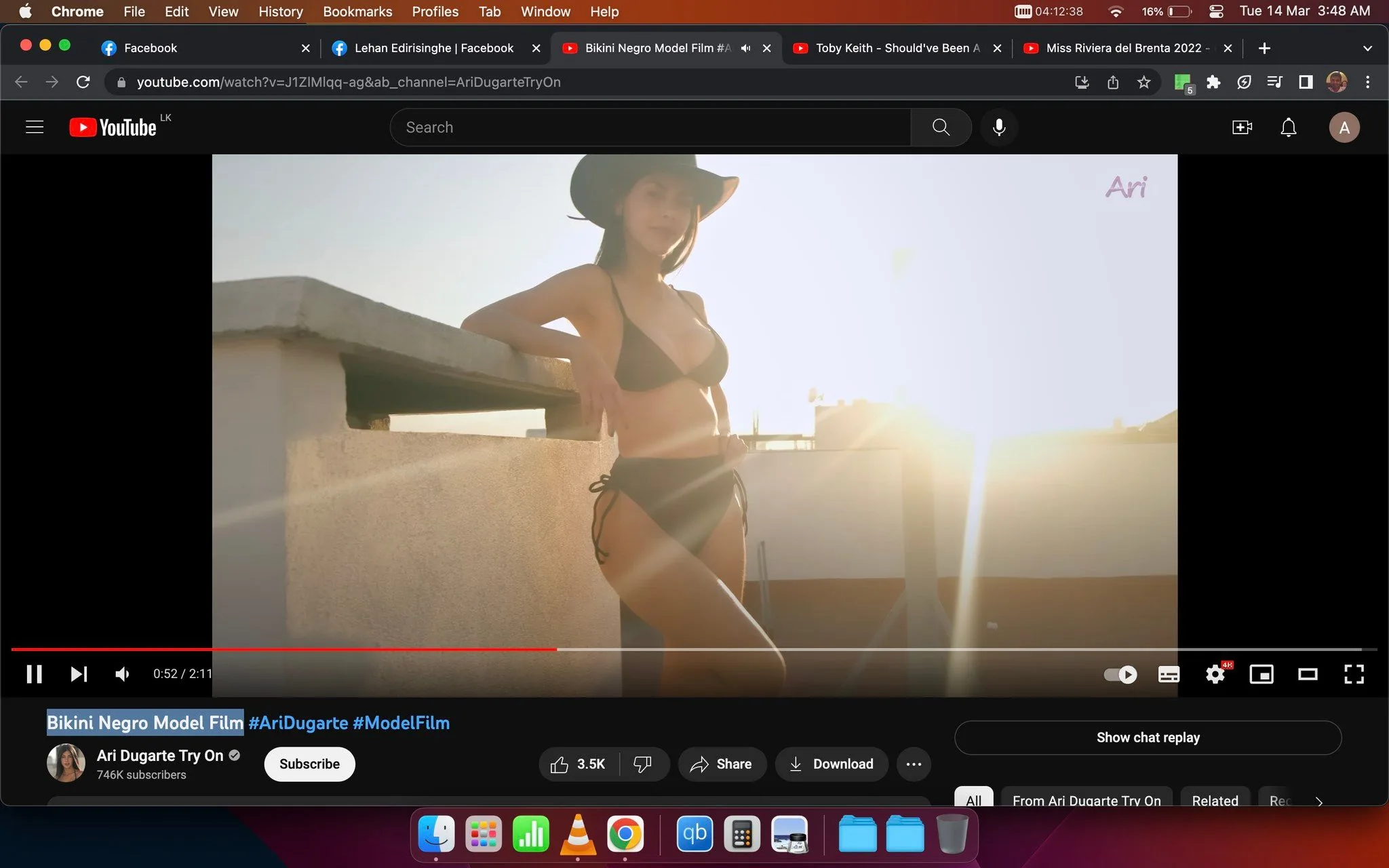 The image is a screenshot from a YouTube video titled "Bikini Negro Model Film #AriDugarte #ModelFilm" on the channel "Ari Dugarte Try On." The scene captures a model, identified by the hint as Ari Dugarte, posing on a rooftop. She is wearing a black bikini and a wide-brimmed hat, leaning slightly against a ledge. The sun is low in the sky, creating a warm and glowing backlight that casts soft light and shadows, adding a dramatic flair to the composition. The setting is outdoors, presumably during sunset, enhancing the mood with the sun's golden rays. The channel has a substantial following, with 746K subscribers, indicating its popularity. The interface shows various engagement options such as like, share, and download, typical of YouTube. The overall ambiance of the scene is relaxed and stylish, fitting the theme of a model film. The word "Ari" is visible in the top right corner, likely the channel's branding.