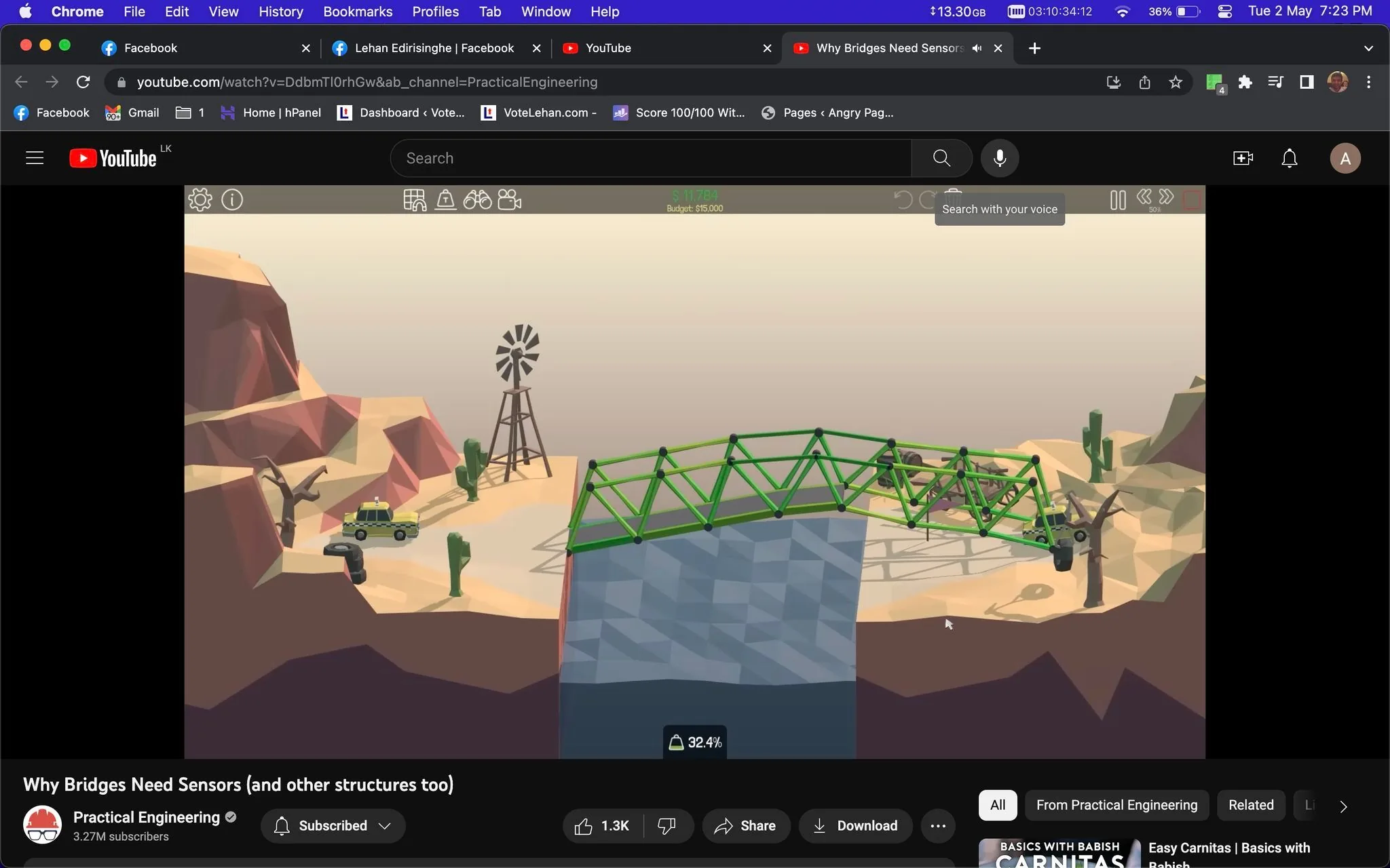 This screenshot features a video titled "Why Bridges Need Sensors (and other structures too)" from the YouTube channel "Practical Engineering." The visual is a simulation environment depicting a bridge in a desert landscape. The bridge is visibly green and seems to be part of a structural engineering simulation or video game, possibly demonstrating bridge design or stress testing. Below the bridge, there's a body of water, indicating a challenge in the simulation to span across it.
On the left, a vehicle is positioned near a rocky cliff, and a windmill is visible, adding to the desert theme with sparse vegetation like cacti. An interface overlay shows budget details, indicating "$11,784" spent from a budget of "$15,000," with a stress percentage of "32.4%," suggesting the bridge's load capacity or structural analysis.
- Title: "Why Bridges Need Sensors (and other structures too)"
- Channel / profile: "Practical Engineering"
- Site / app: "YouTube"