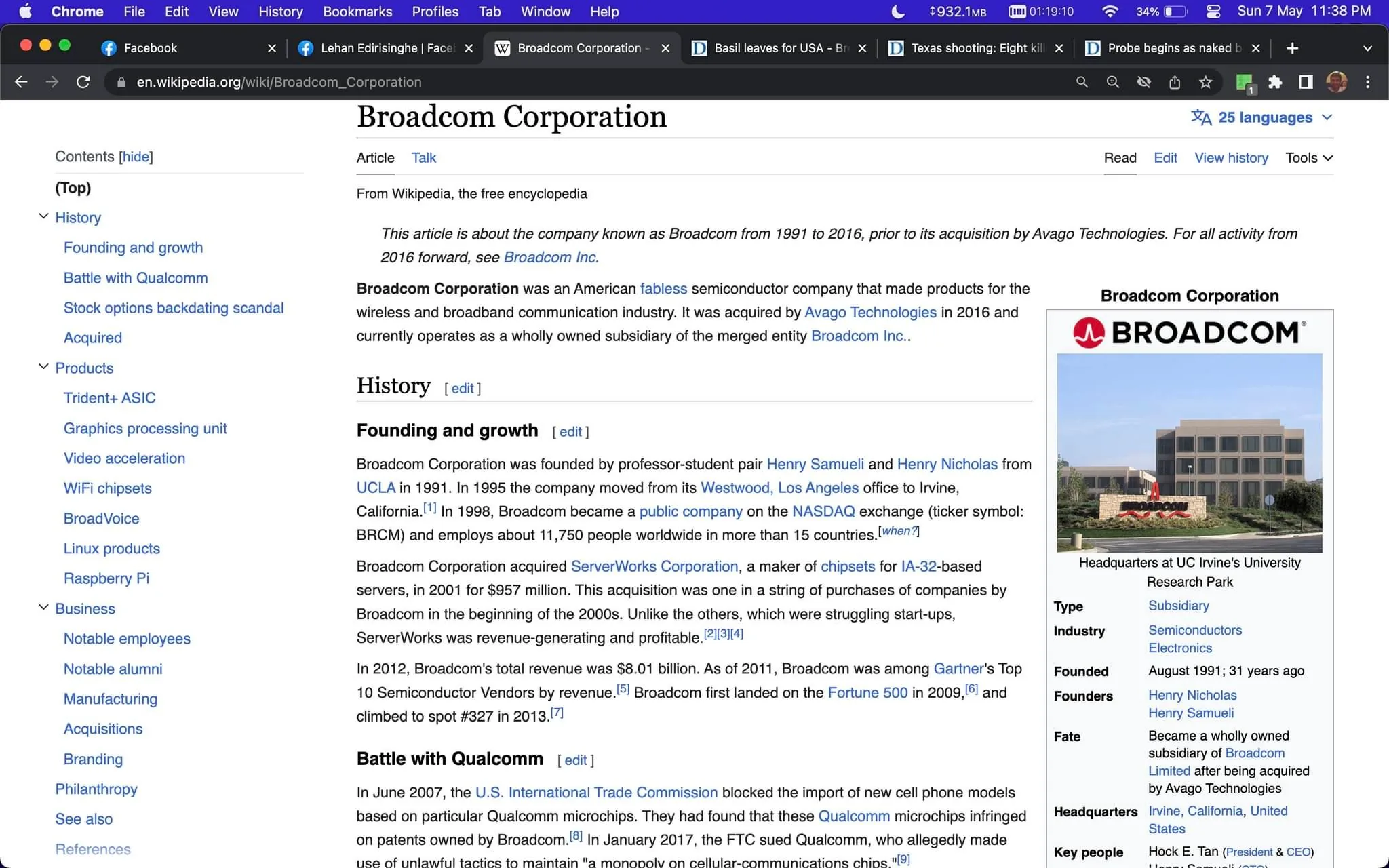 The image is a screenshot of a Wikipedia page for "Broadcom Corporation." The page provides detailed information about the company's history, products, and business ventures. It describes Broadcom as an American fabless semiconductor company that was acquired by Avago Technologies in 2016. The article highlights key historical points, such as its founding by Henry Samueli and Henry Nicholas at UCLA in 1991 and its subsequent growth and acquisitions.
The right side of the screenshot features an infobox with a photo of Broadcom's headquarters at UC Irvine's University Research Park. This section includes specifics like the company type (subsidiary), industry focus (semiconductors, electronics), and founding date (August 1991). It also mentions the key people involved, such as Hock E. Tan, the President and CEO.
The visual layout includes a clean, structured format typical of Wikipedia pages, with a table of contents on the left for easy navigation. The text is primarily black on a white background, complemented by hyperlinks and section headings in blue, all contributing to a straightforward and informative presentation.